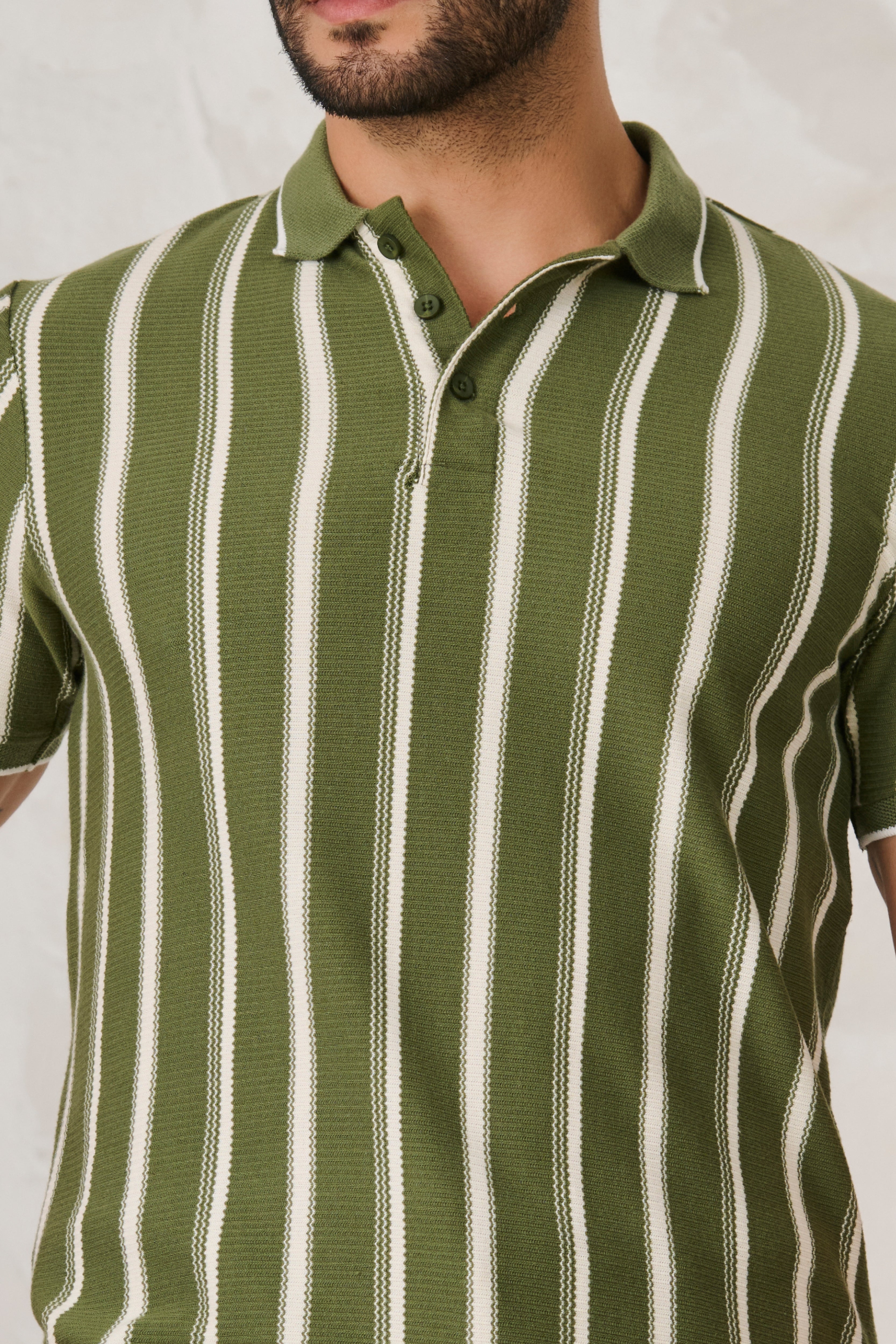 Buy Broad Stripe Textured Polo - Green Online Shopping view 4