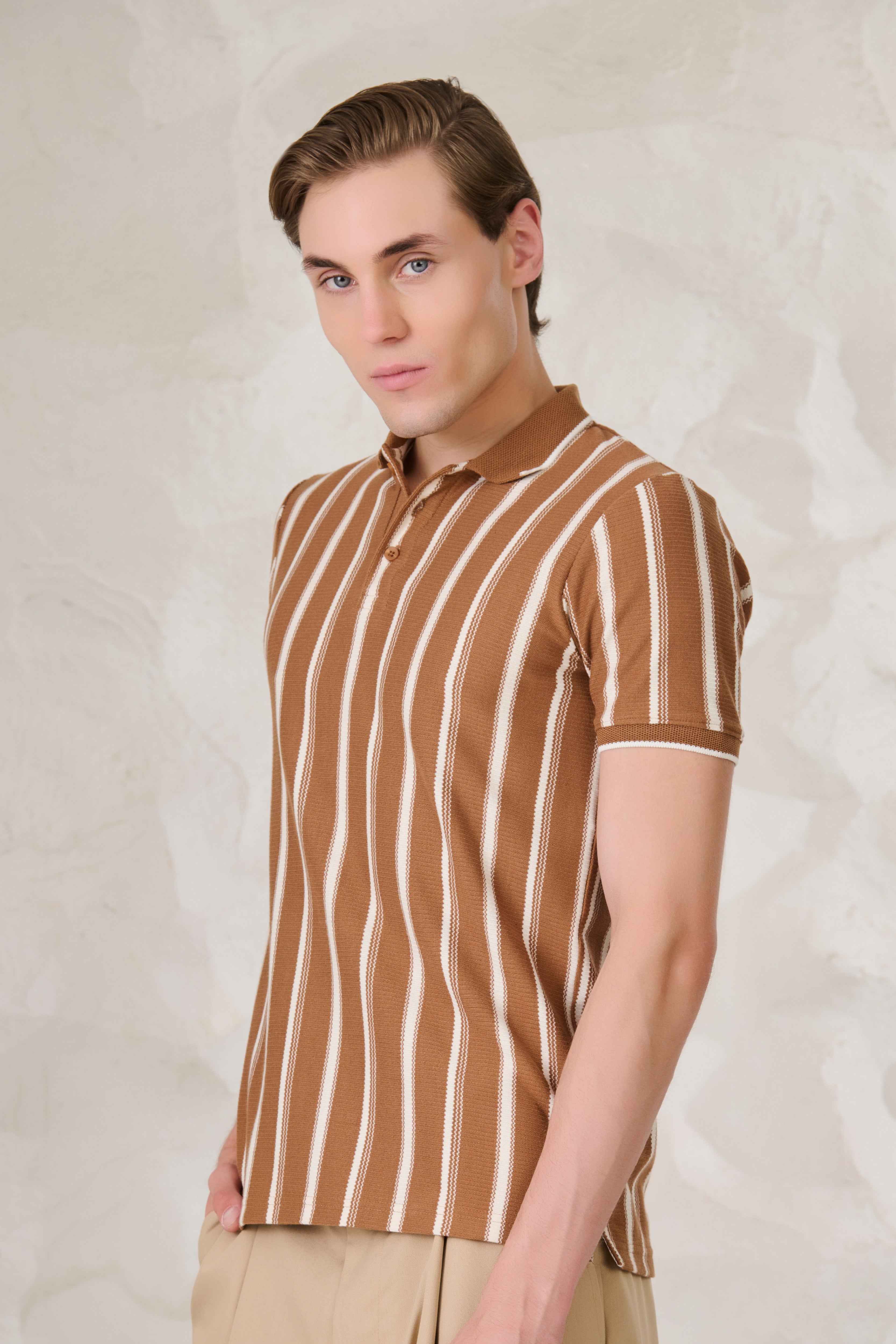 Buy Broad Stripe Textured Polo - Mud Online Shopping view 2