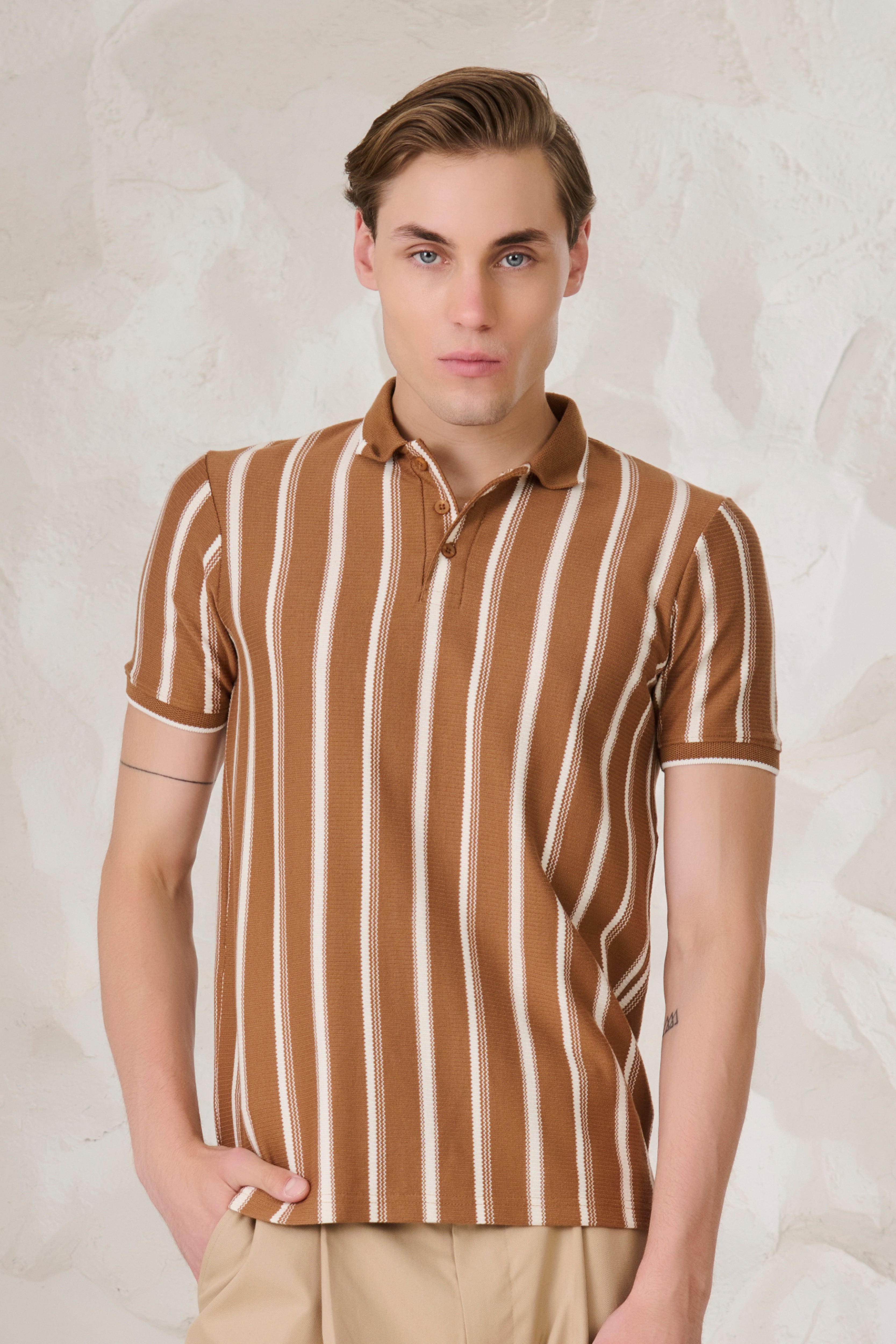 Buy Broad Stripe Textured Polo - Mud Online Shopping view 1