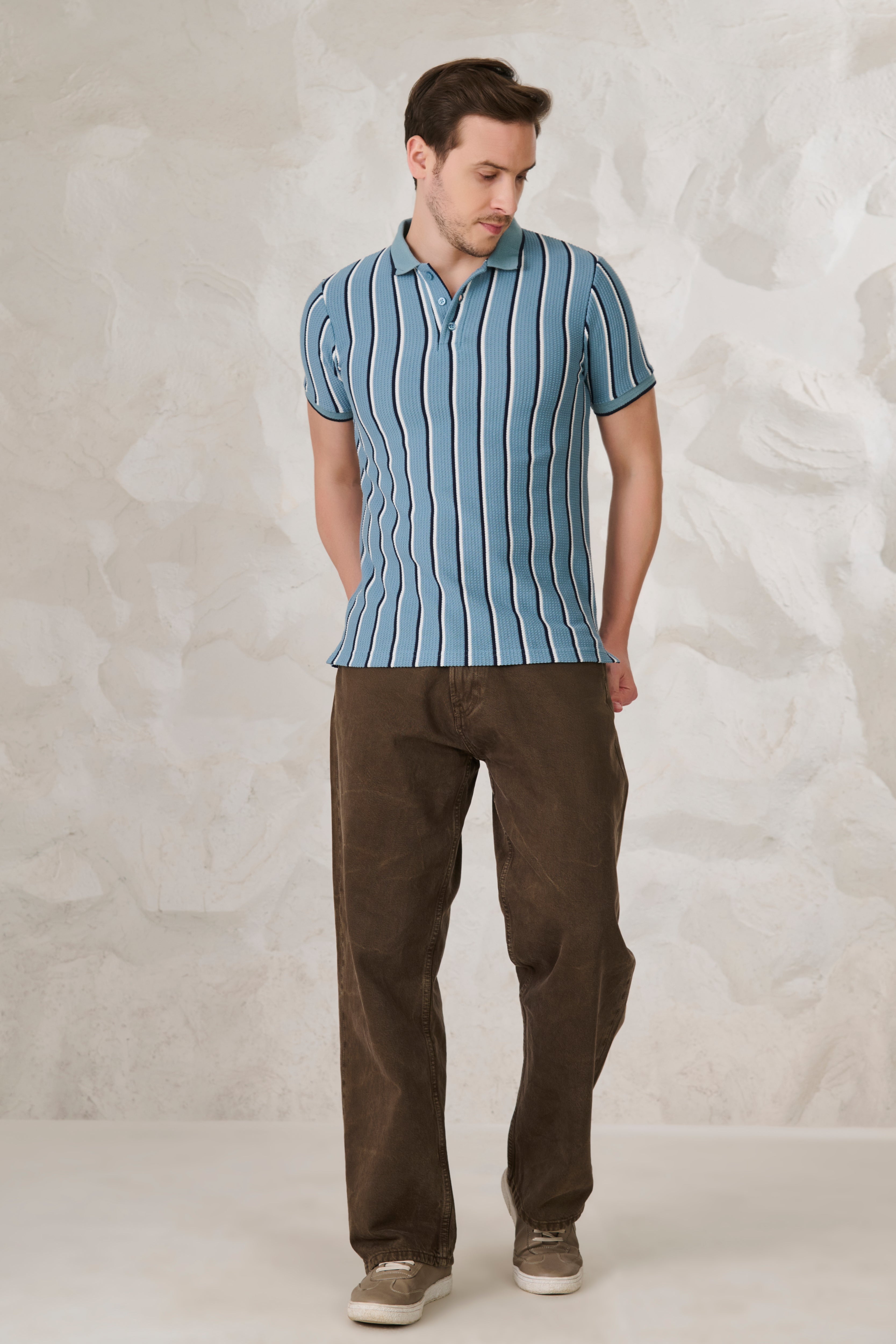 Buy Broad Twin Stripe Textured Polo - Blue Online Shopping view 5