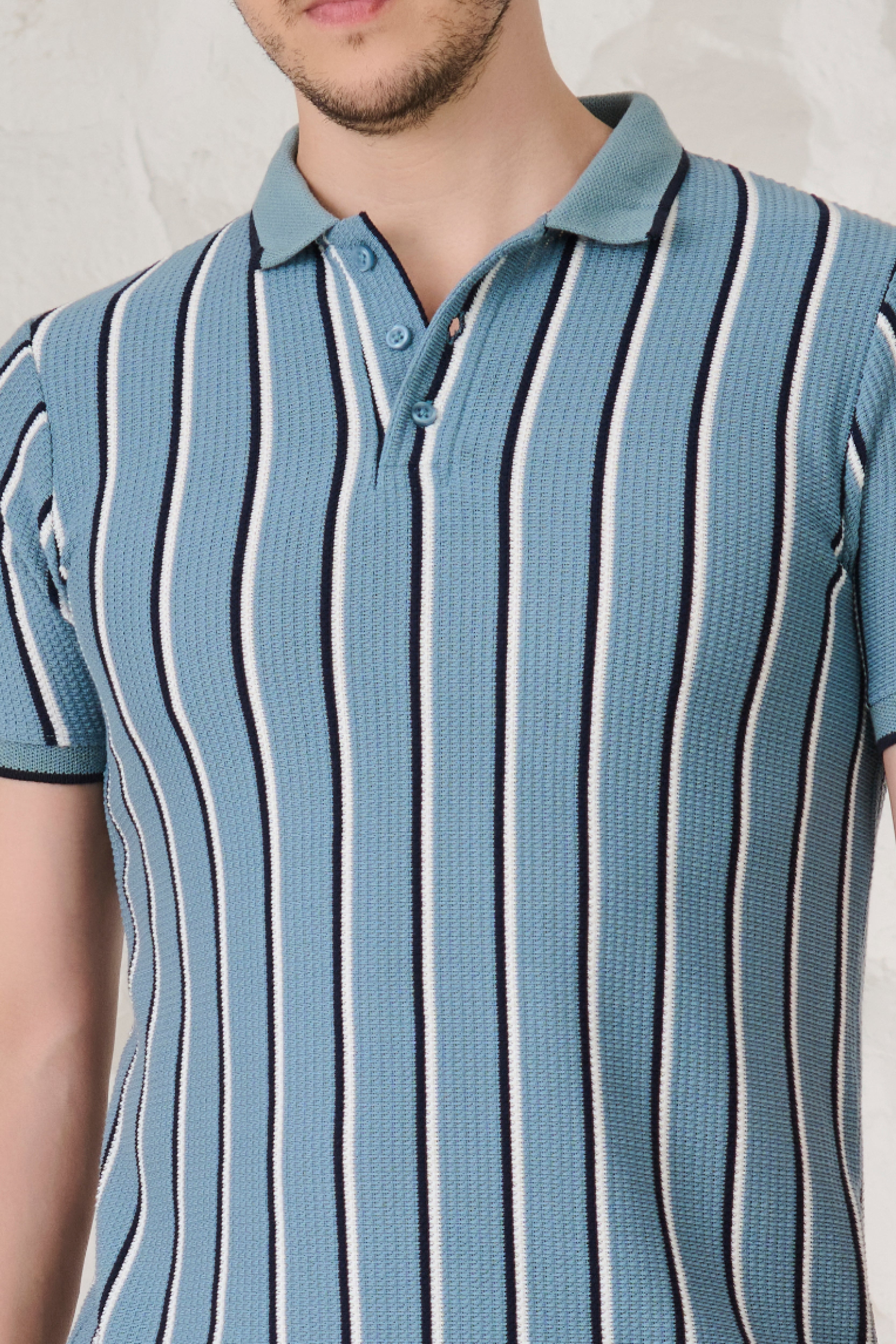 Buy Broad Twin Stripe Textured Polo - Blue Online Shopping view 4