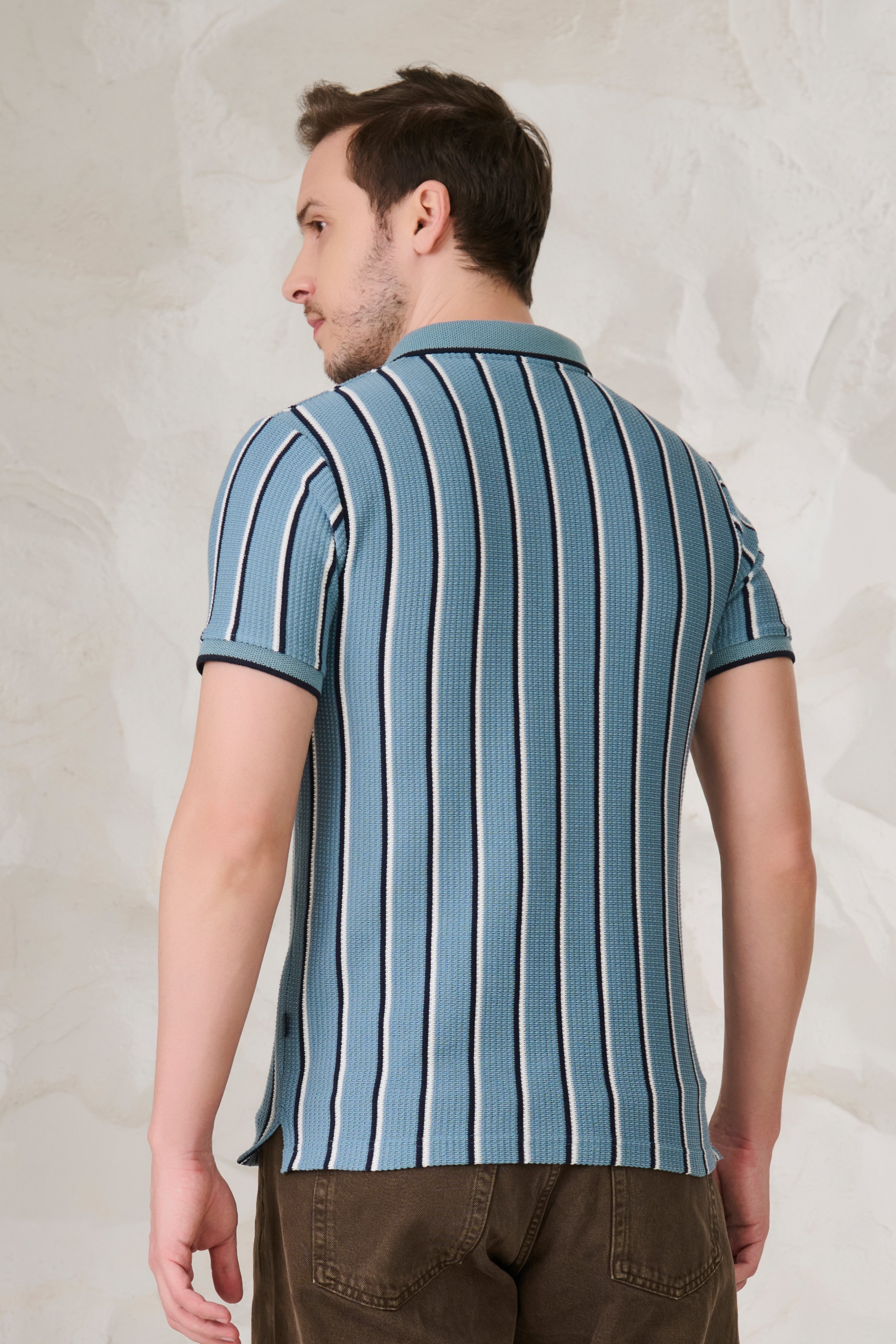 Buy Broad Twin Stripe Textured Polo - Blue Online Shopping view 3