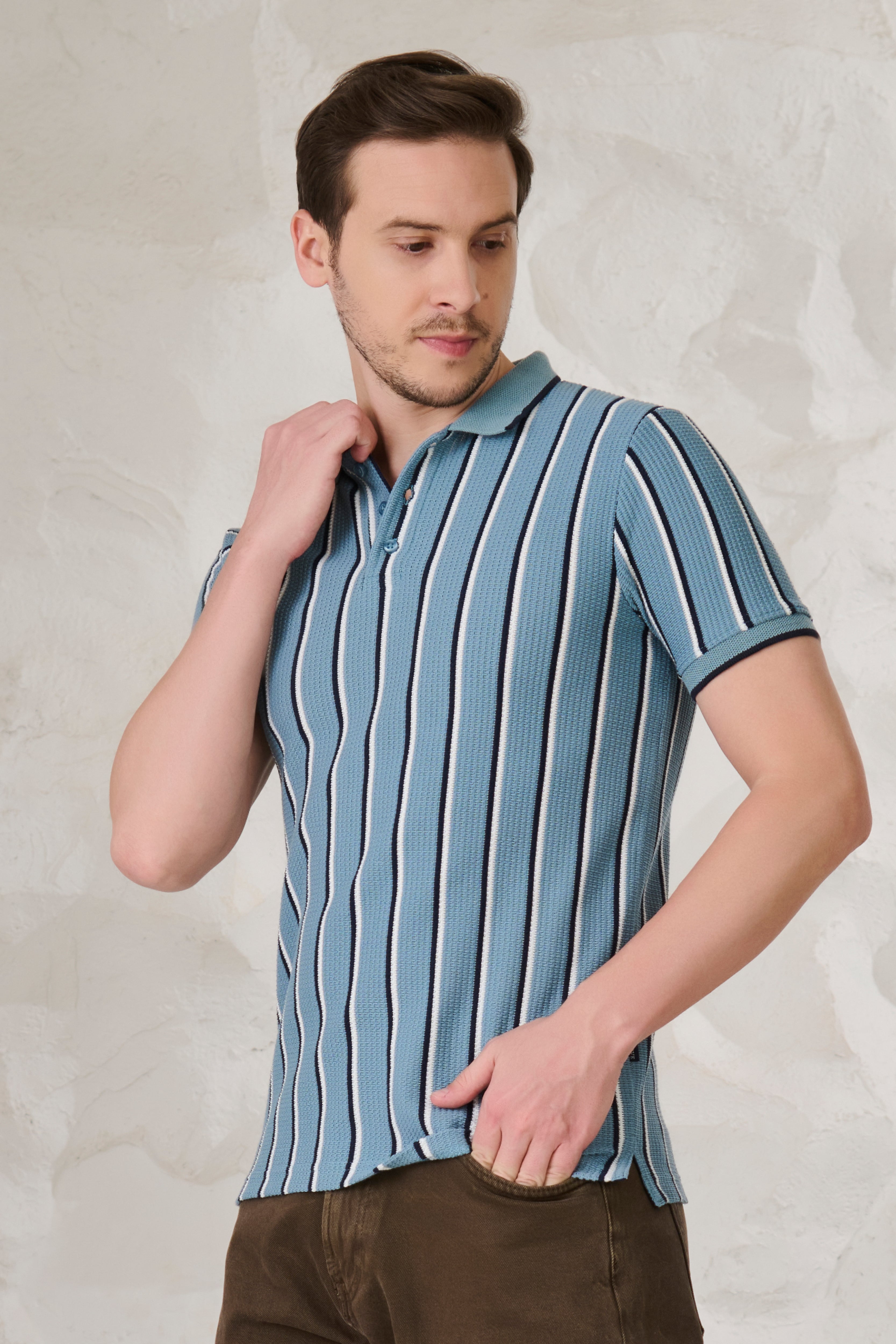 Buy Broad Twin Stripe Textured Polo - Blue Online Shopping view 2