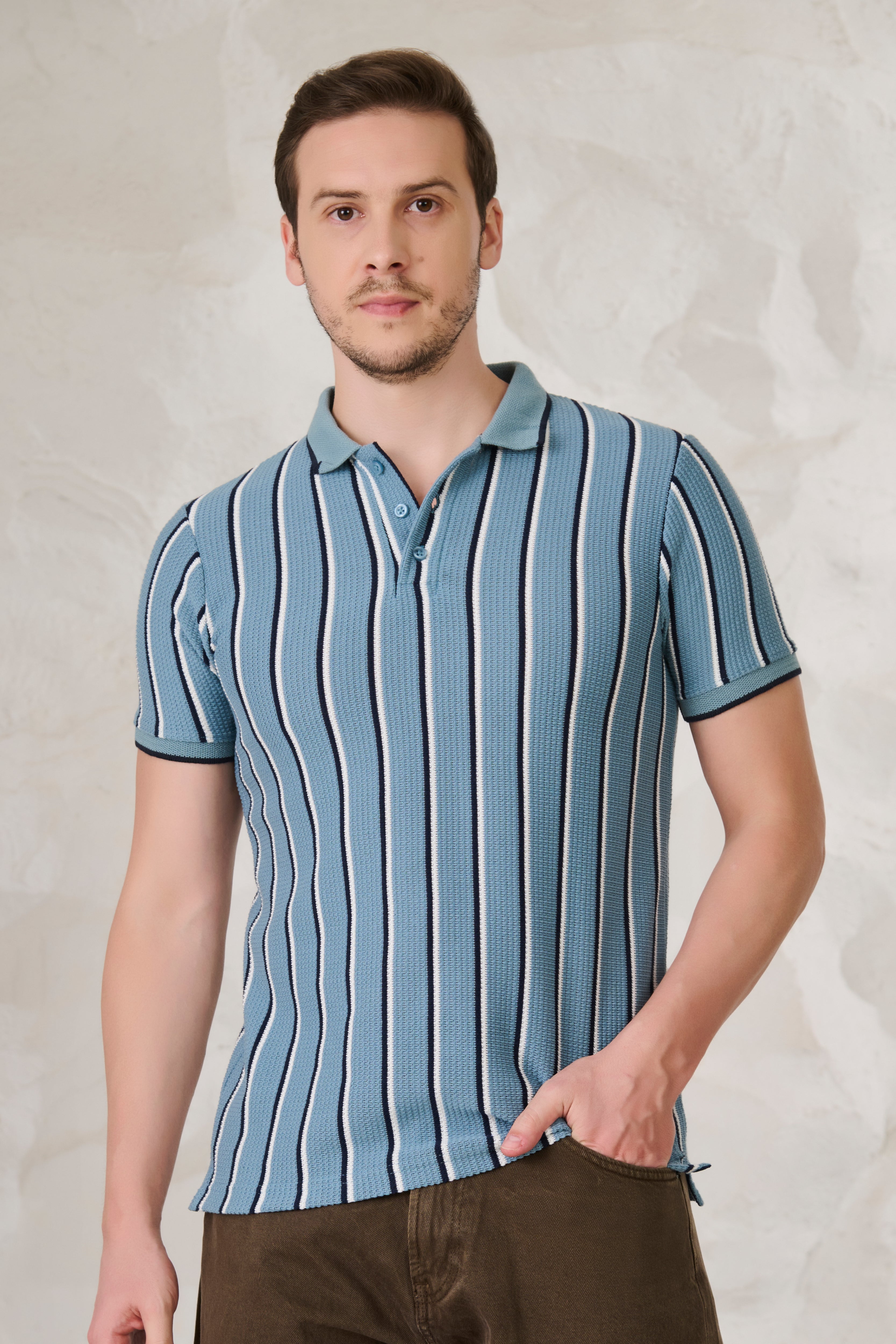 Buy Broad Twin Stripe Textured Polo - Blue Online Shopping view 1