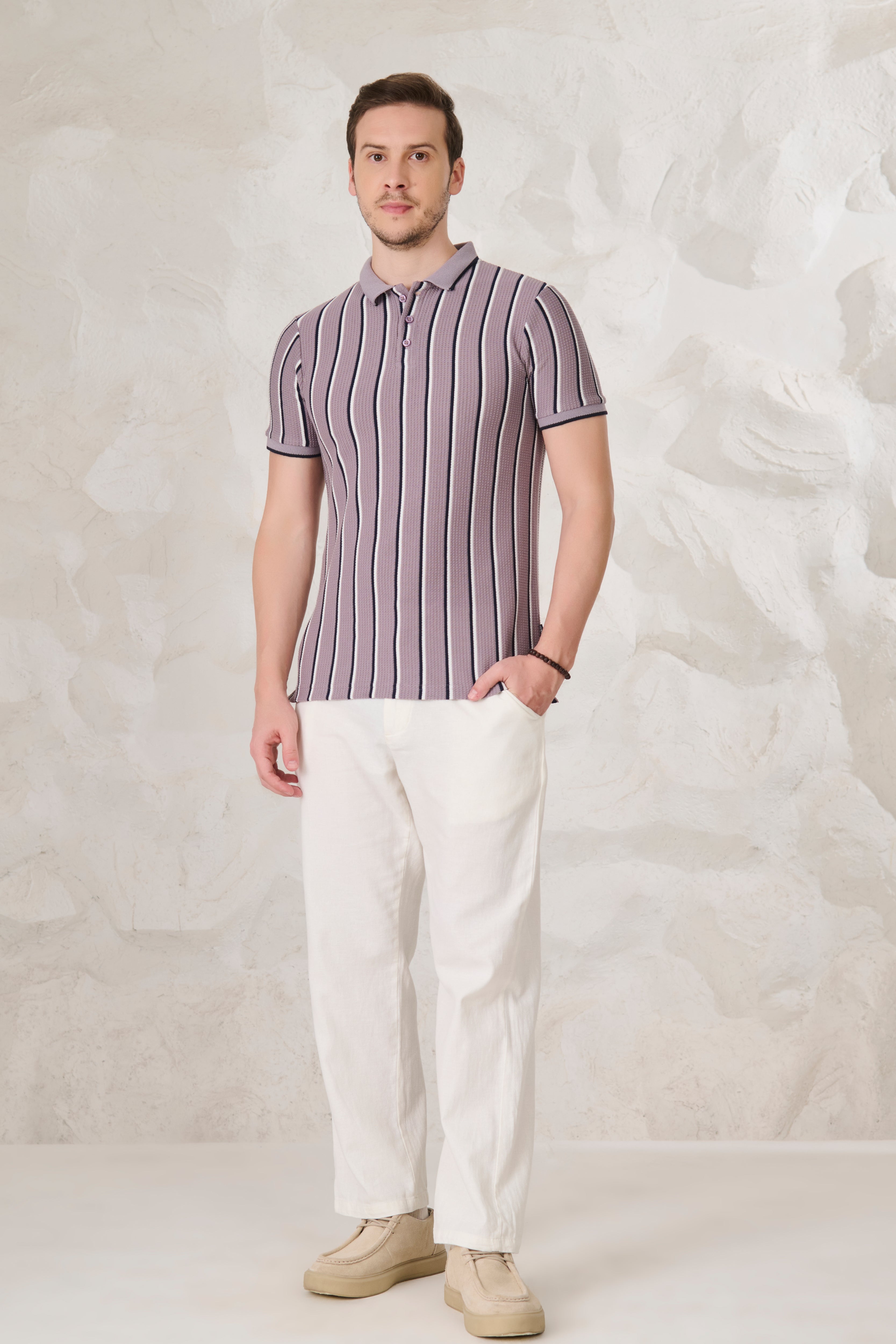 Buy Broad Twin Stripe Textured Polo - Purple Online Shopping view 5