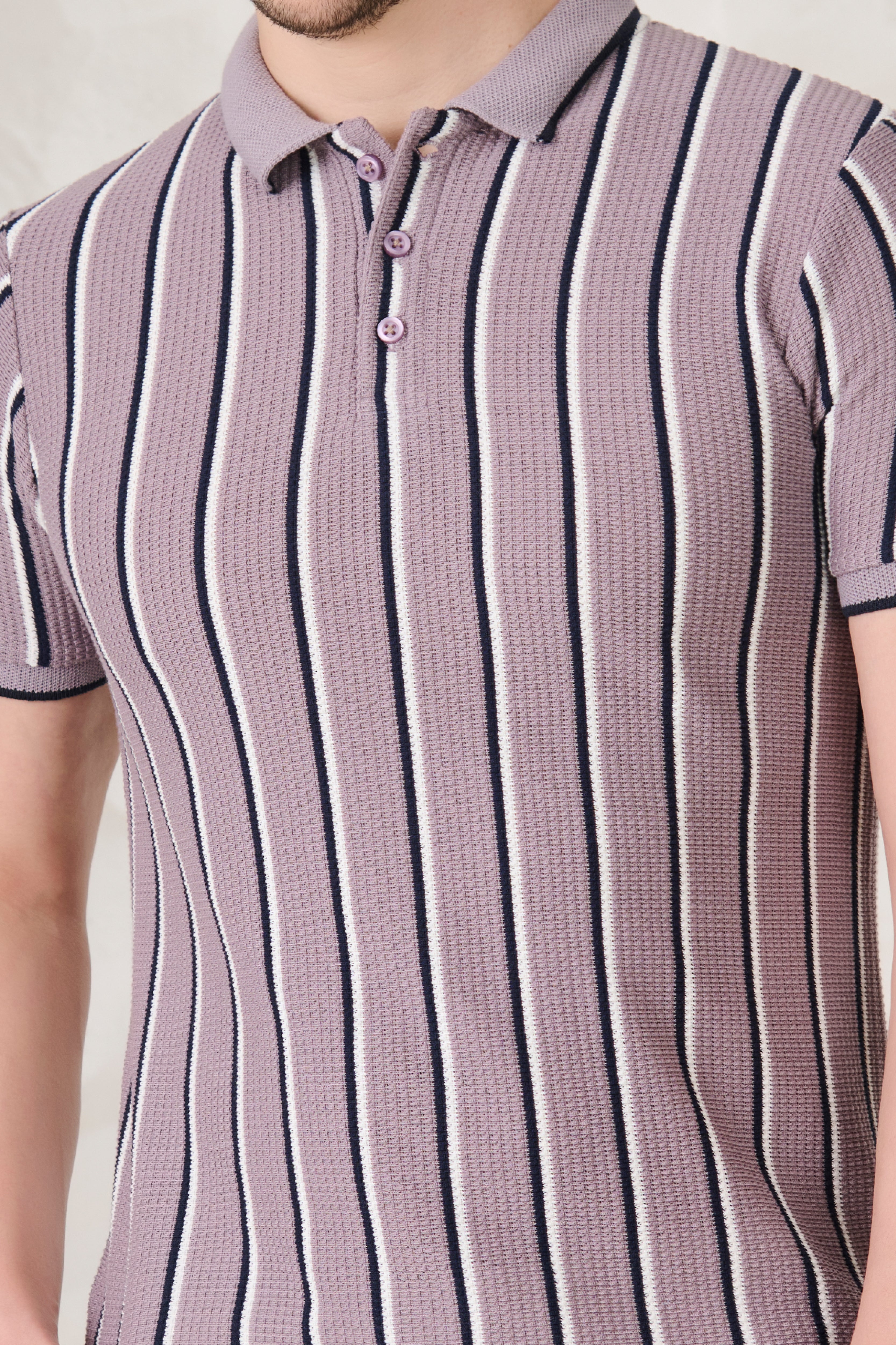 Buy Broad Twin Stripe Textured Polo - Purple Online Shopping view 4