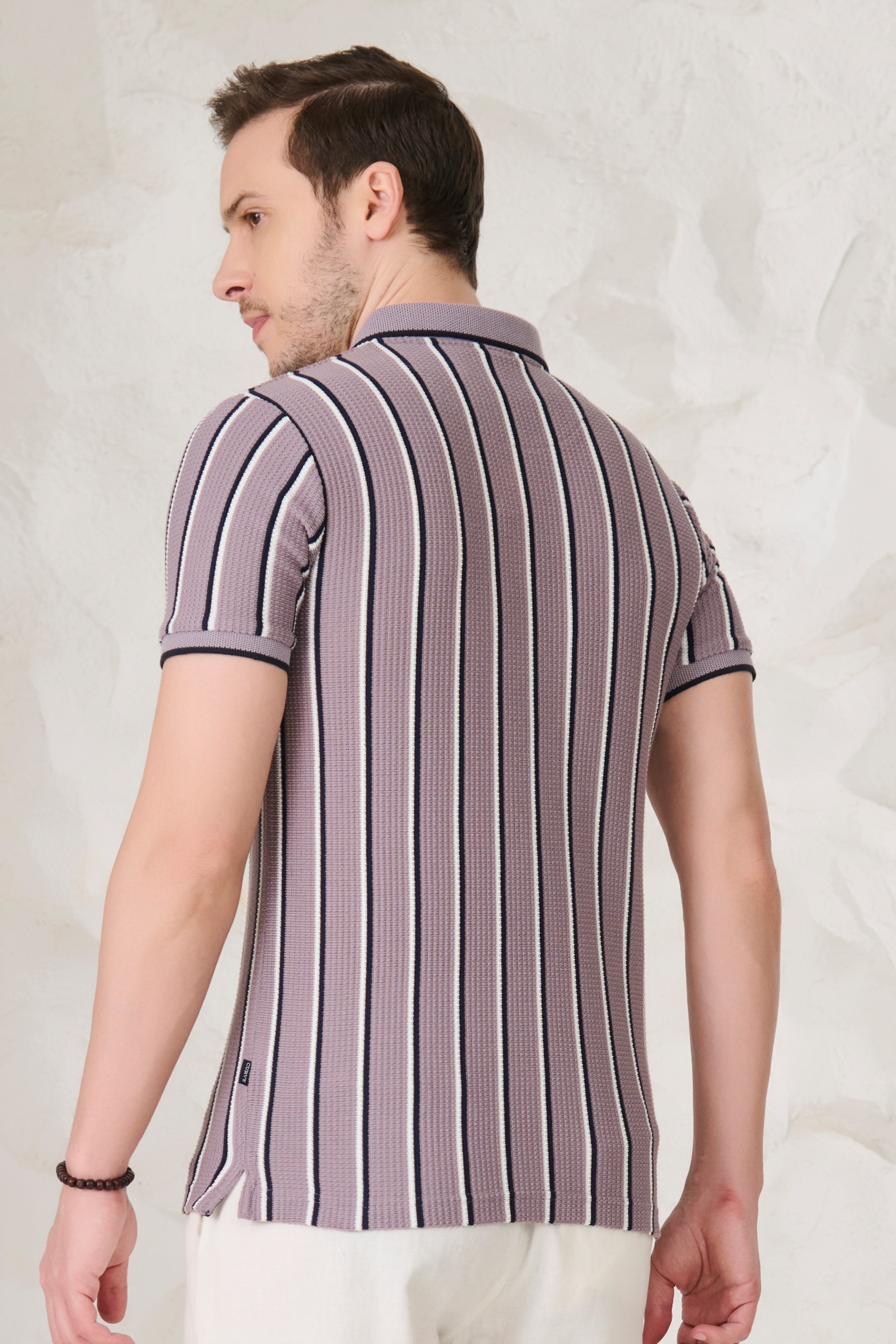 Buy Broad Twin Stripe Textured Polo - Purple Online Shopping view 3