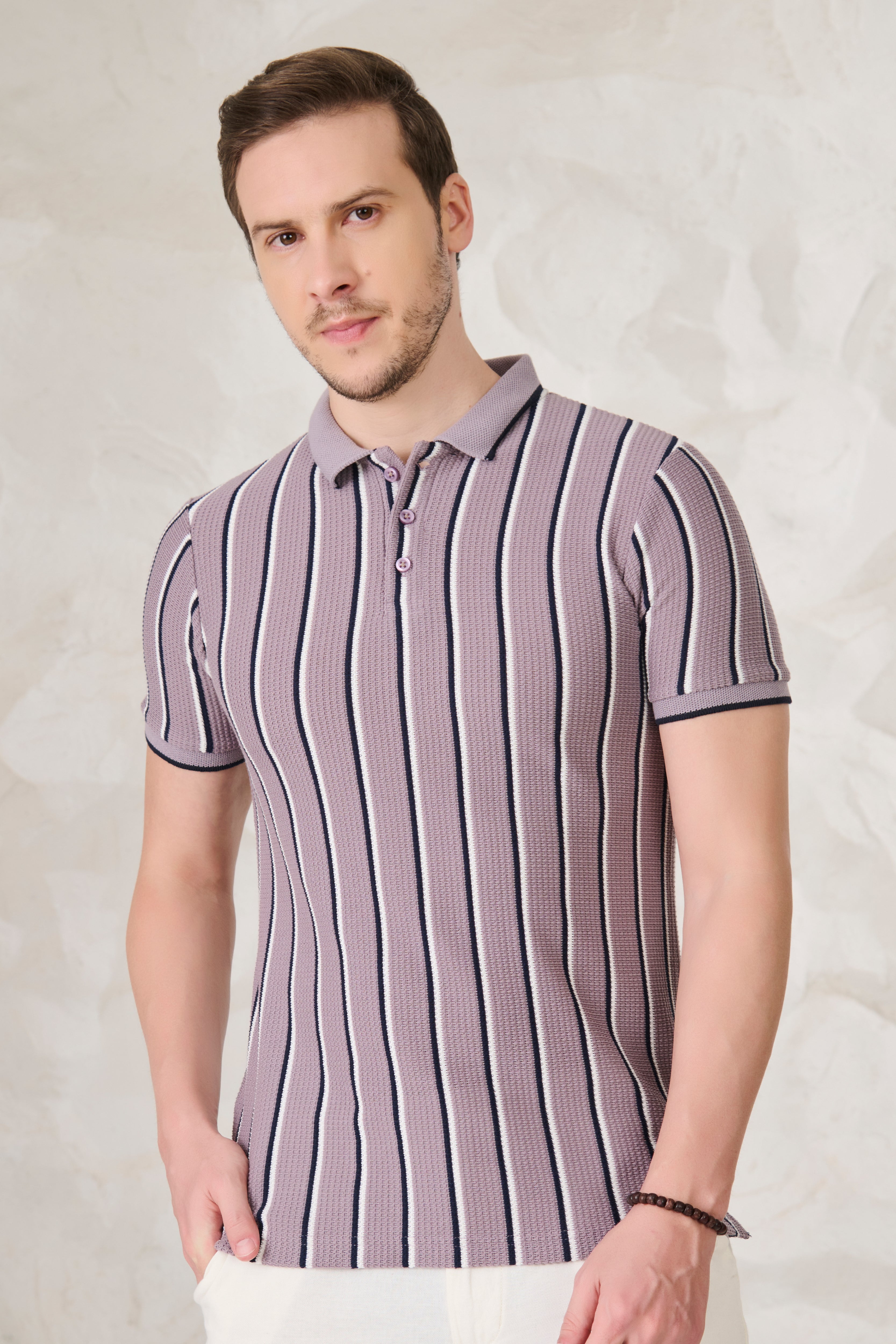 Buy Broad Twin Stripe Textured Polo - Purple Online Shopping view 2