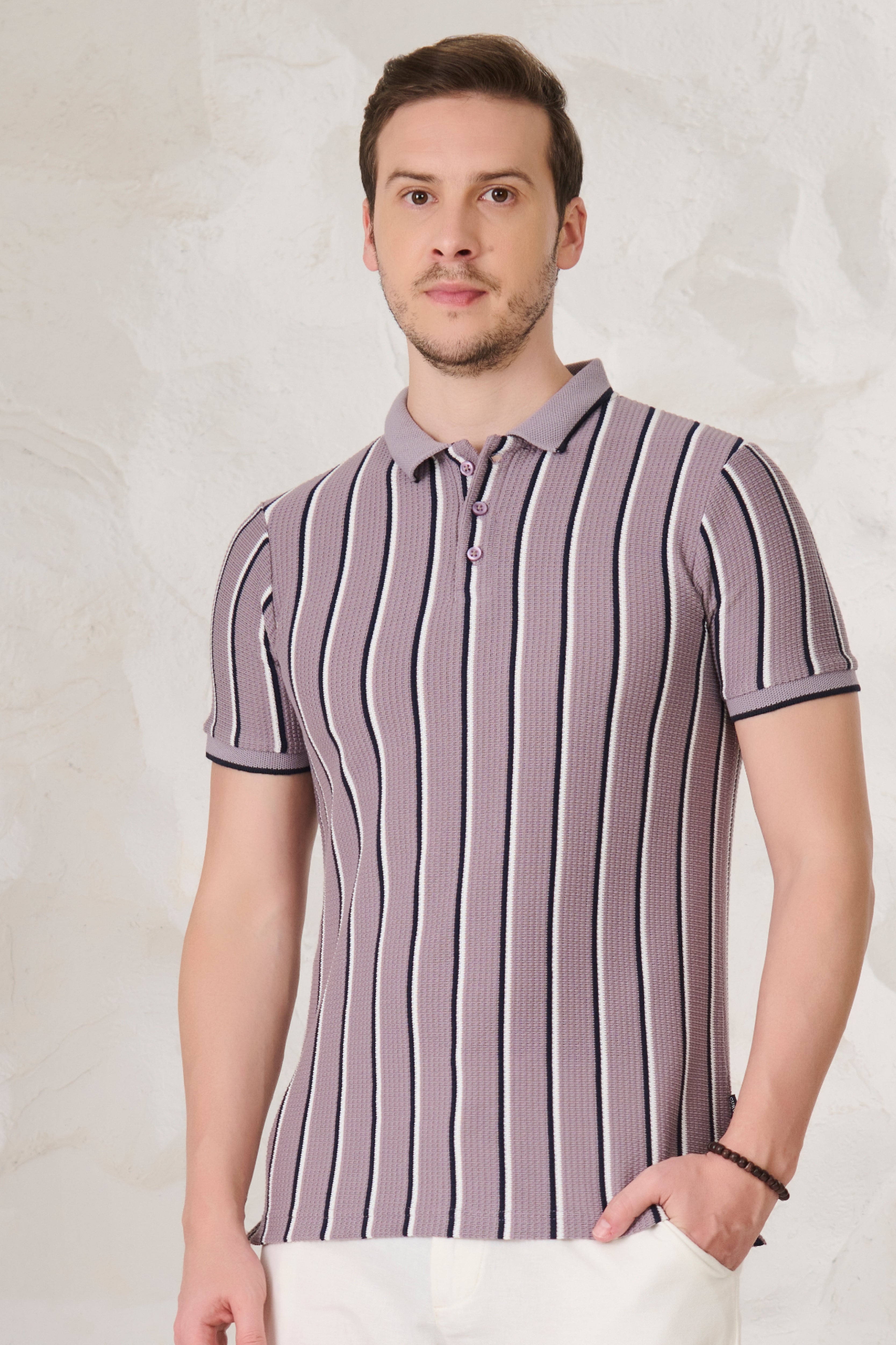Buy Broad Twin Stripe Textured Polo - Purple Online Shopping view 1