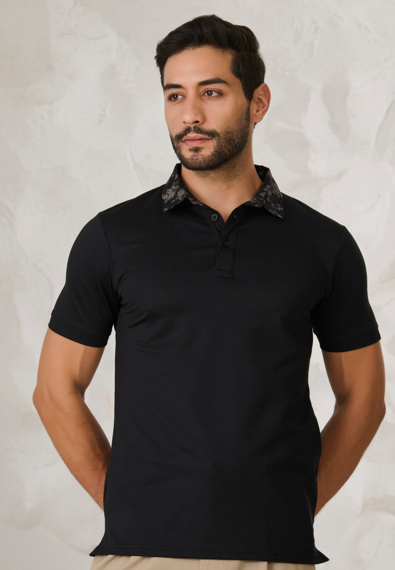 Printed Geometric Collar Performance Polo - Black