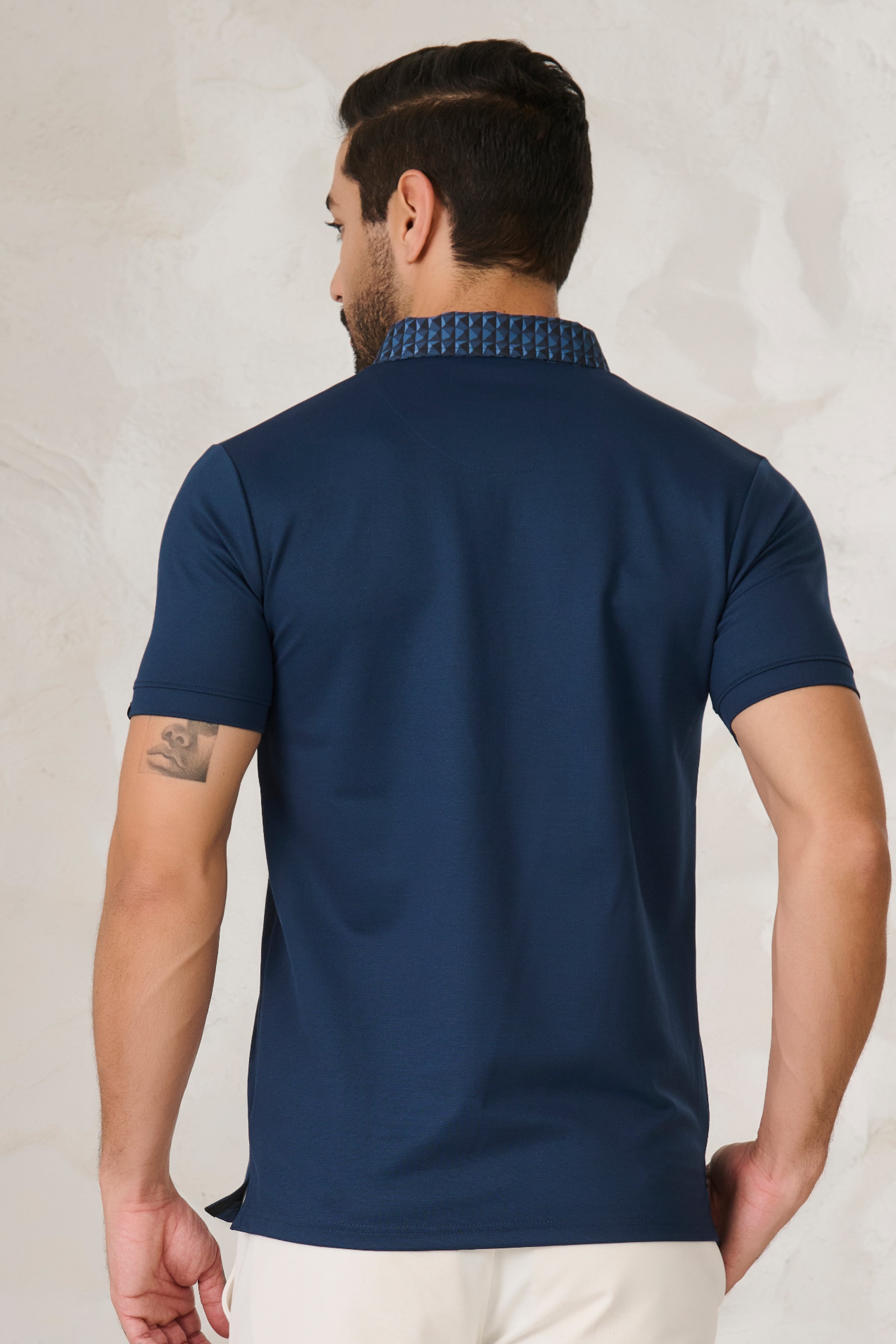 Buy Printed Geometric Collar Performance Polo - Teal Online Shopping view 3