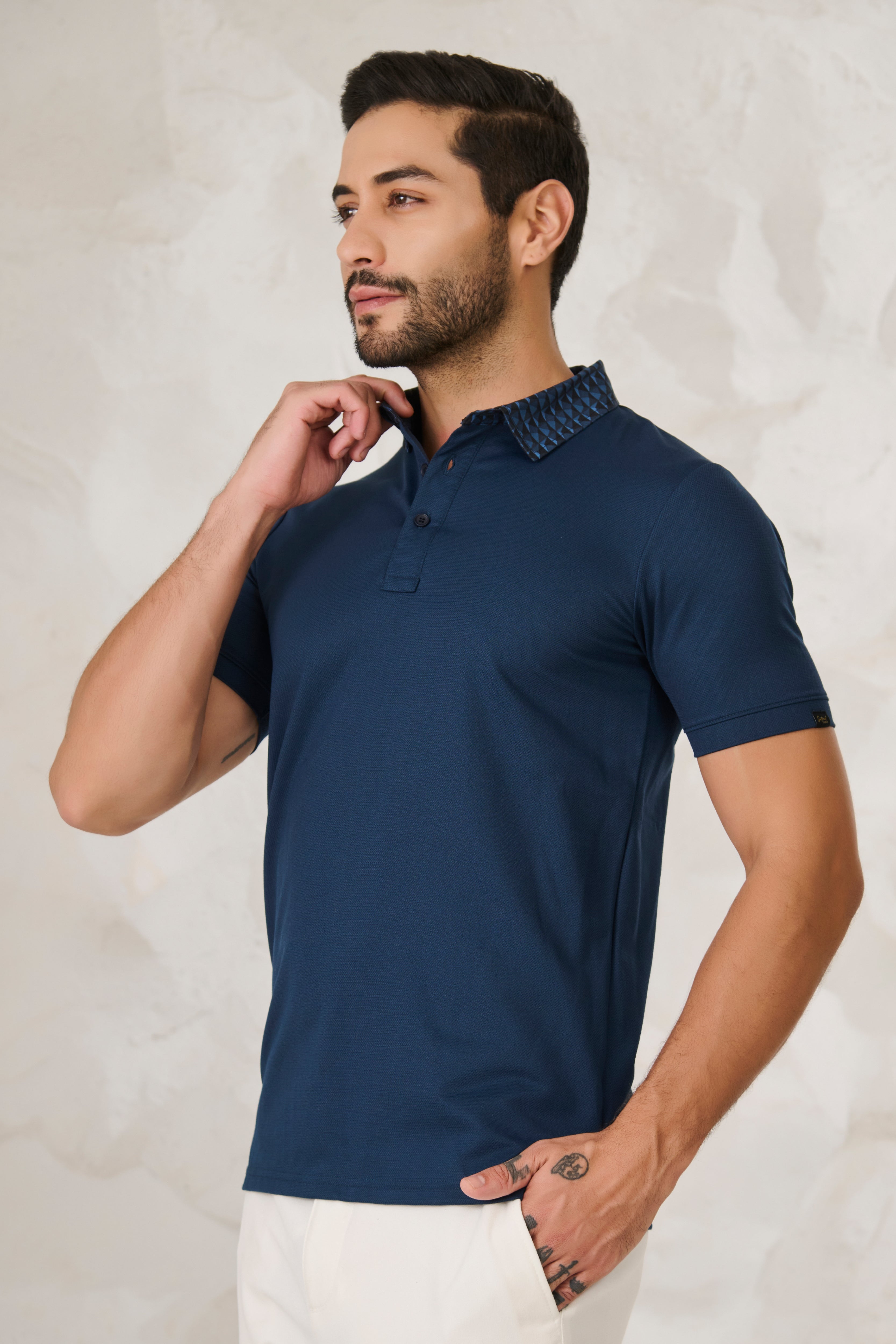 Buy Printed Geometric Collar Performance Polo - Teal Online Shopping view 2