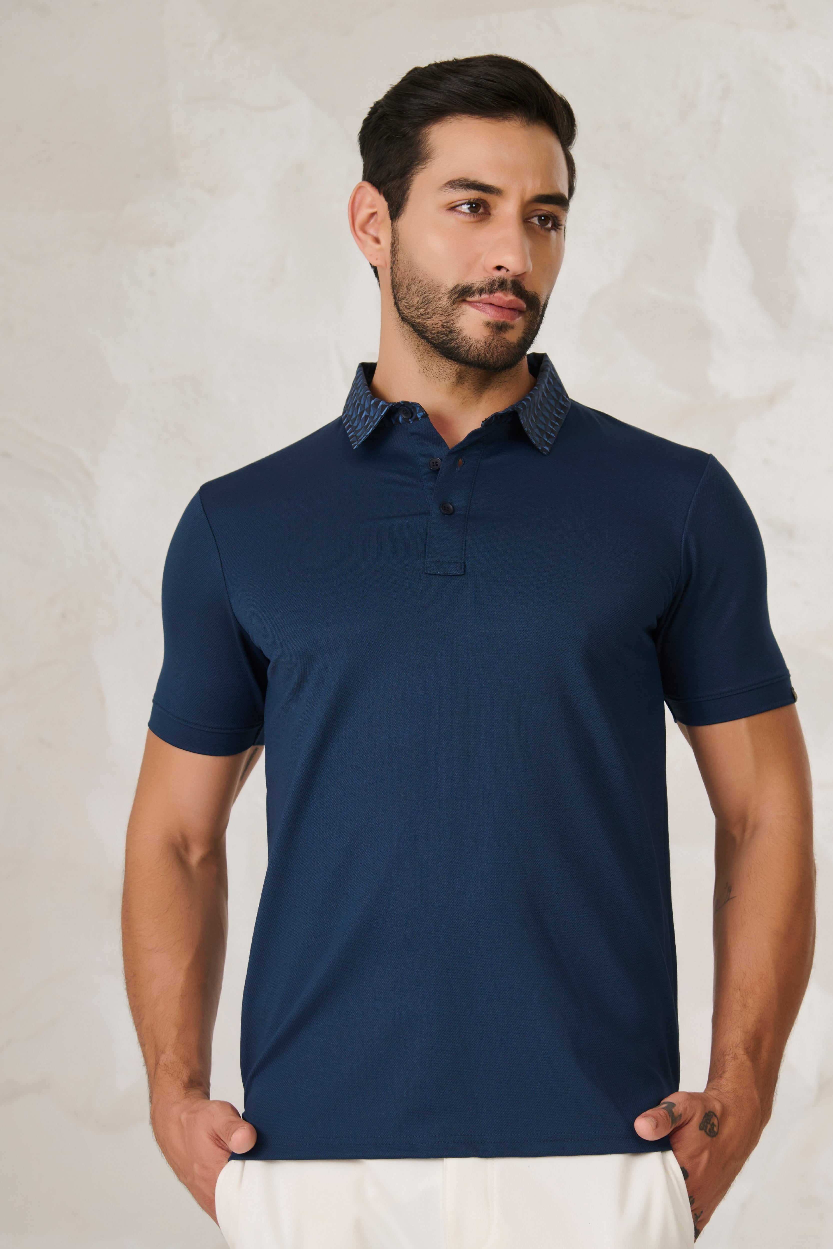 Buy Printed Geometric Collar Performance Polo - Teal Online Shopping view 1