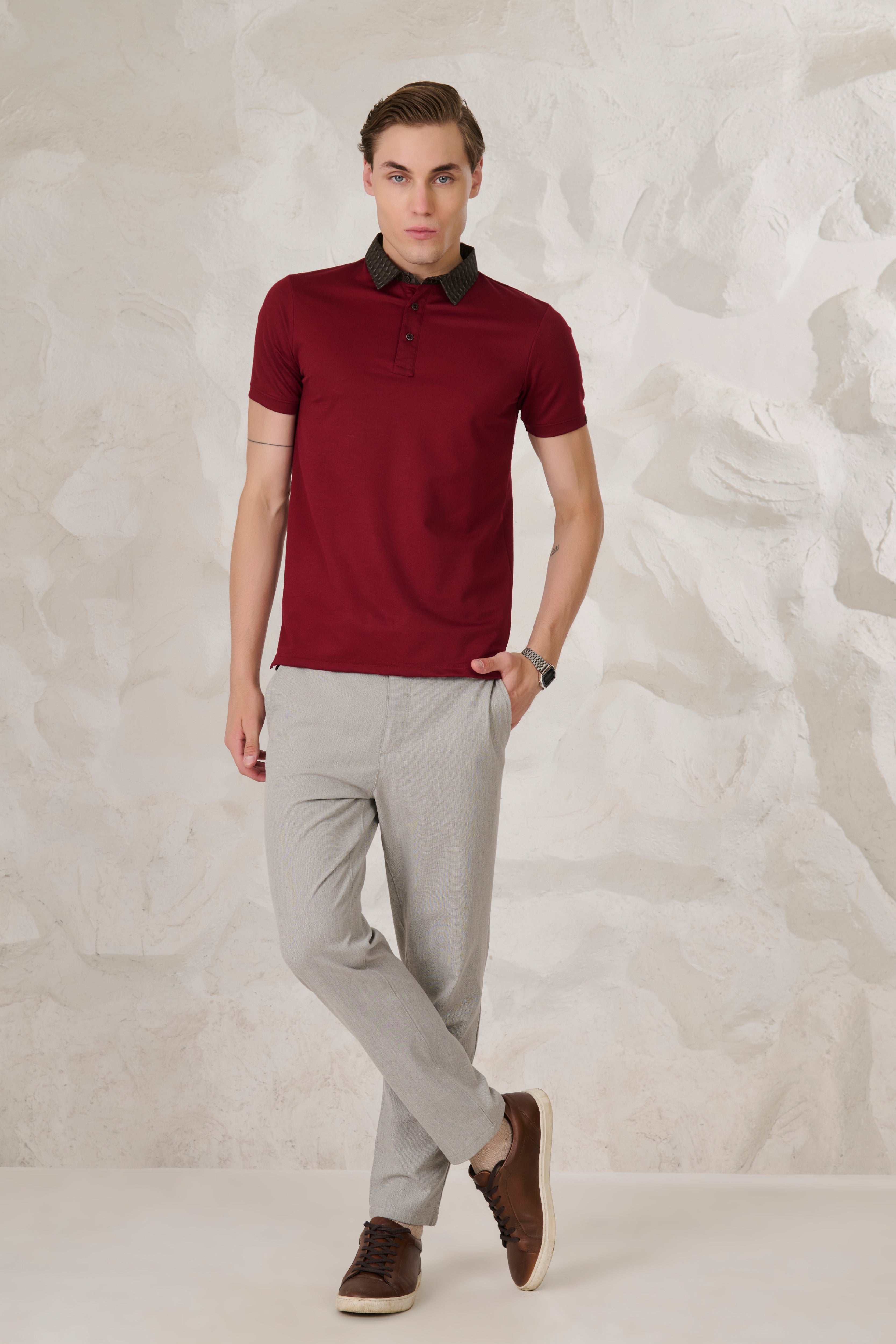 Buy Printed Geometric Collar Performance Polo - Wine Online Shopping view 5