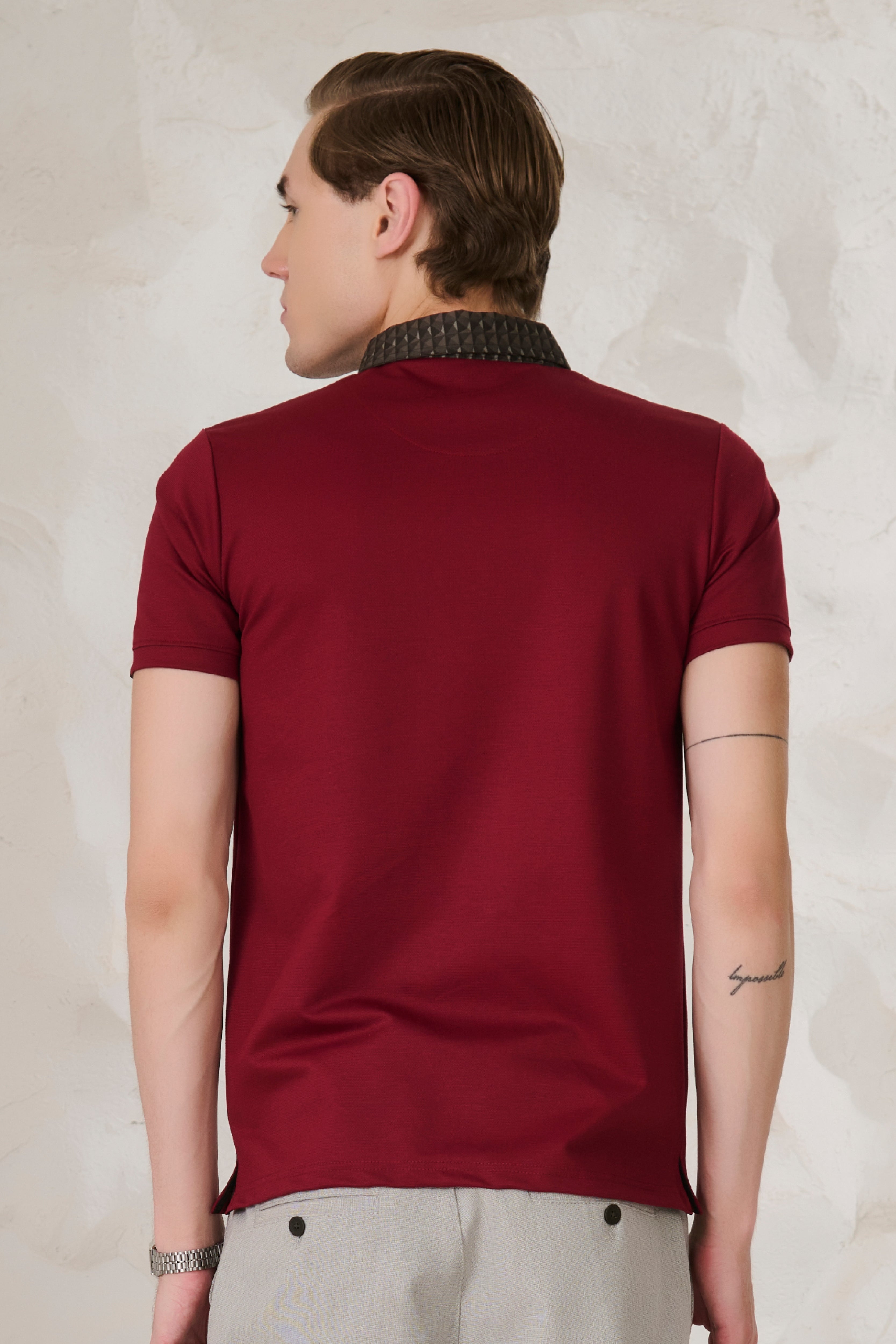 Buy Printed Geometric Collar Performance Polo - Wine Online Shopping view 3