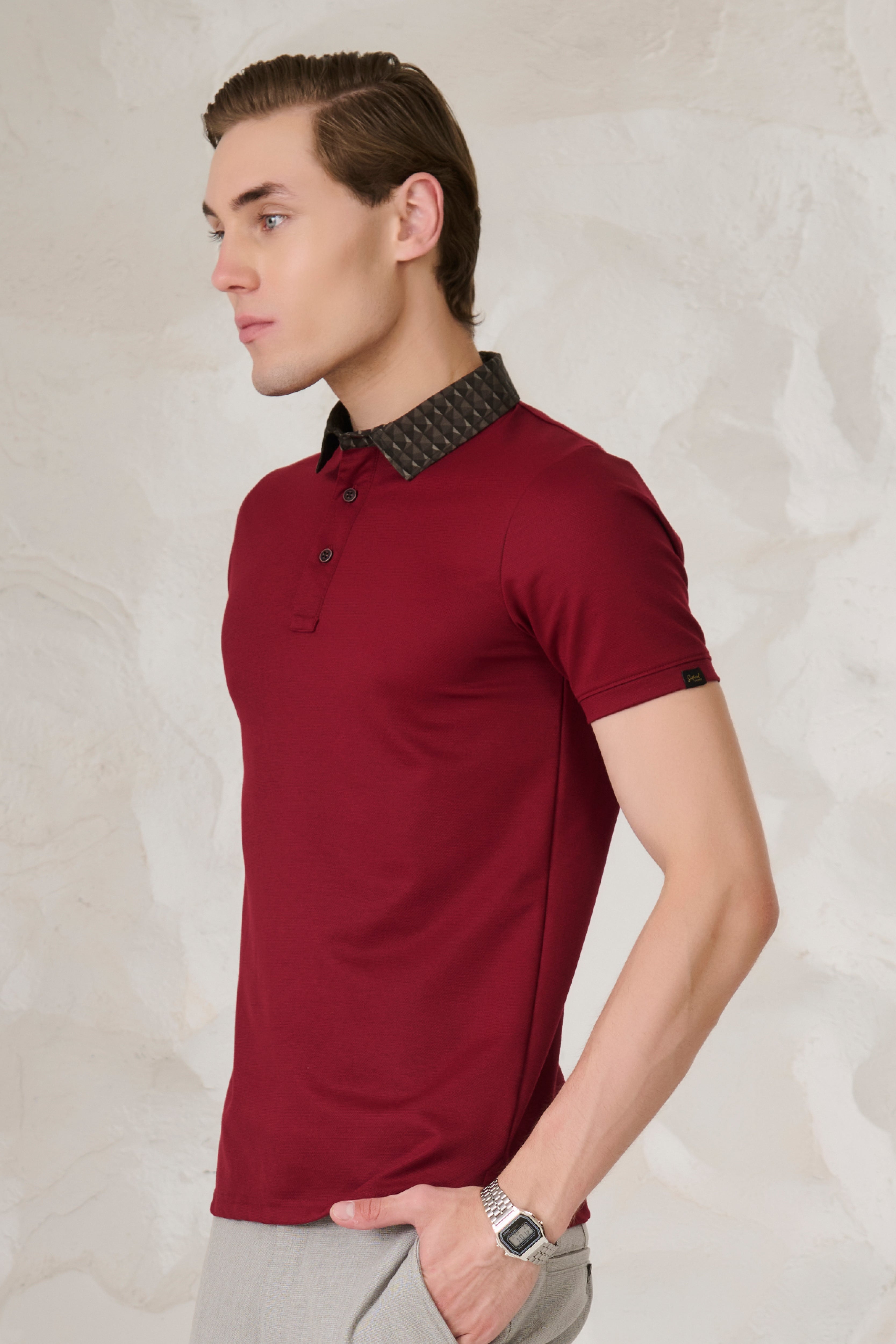 Buy Printed Geometric Collar Performance Polo - Wine Online Shopping view 2