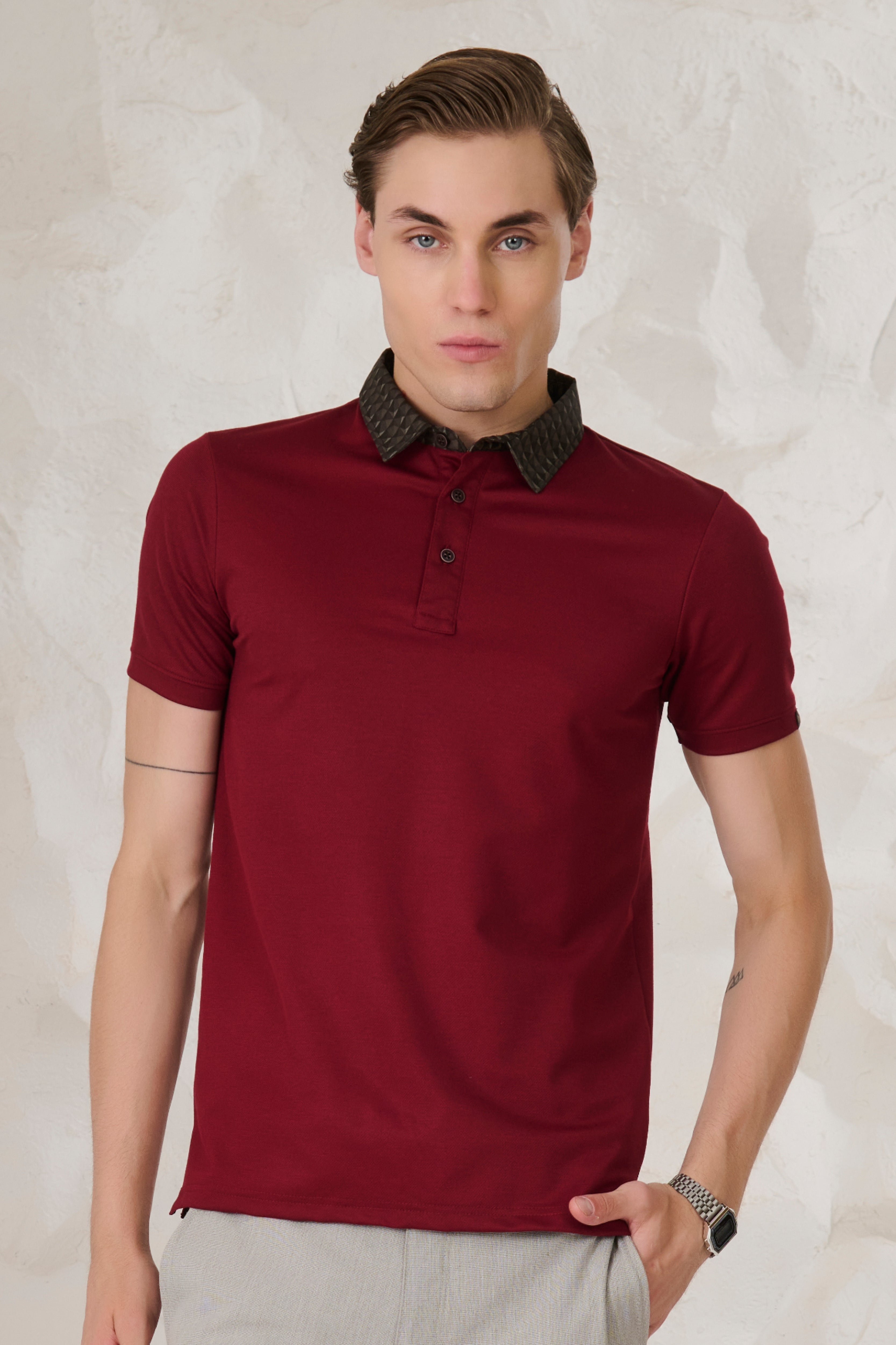 Buy Printed Geometric Collar Performance Polo - Wine Online Shopping view 1