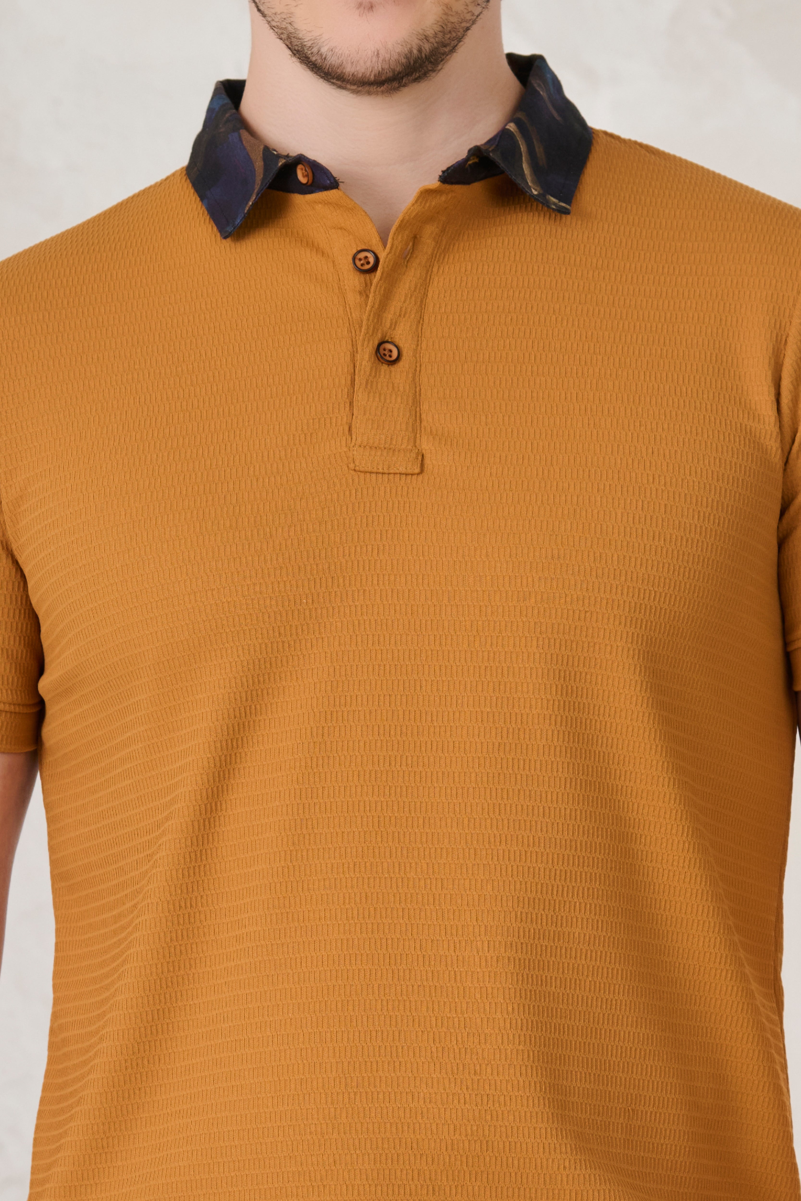 Buy Printed Collar Textured Polo - Mustard Online Shopping view 4