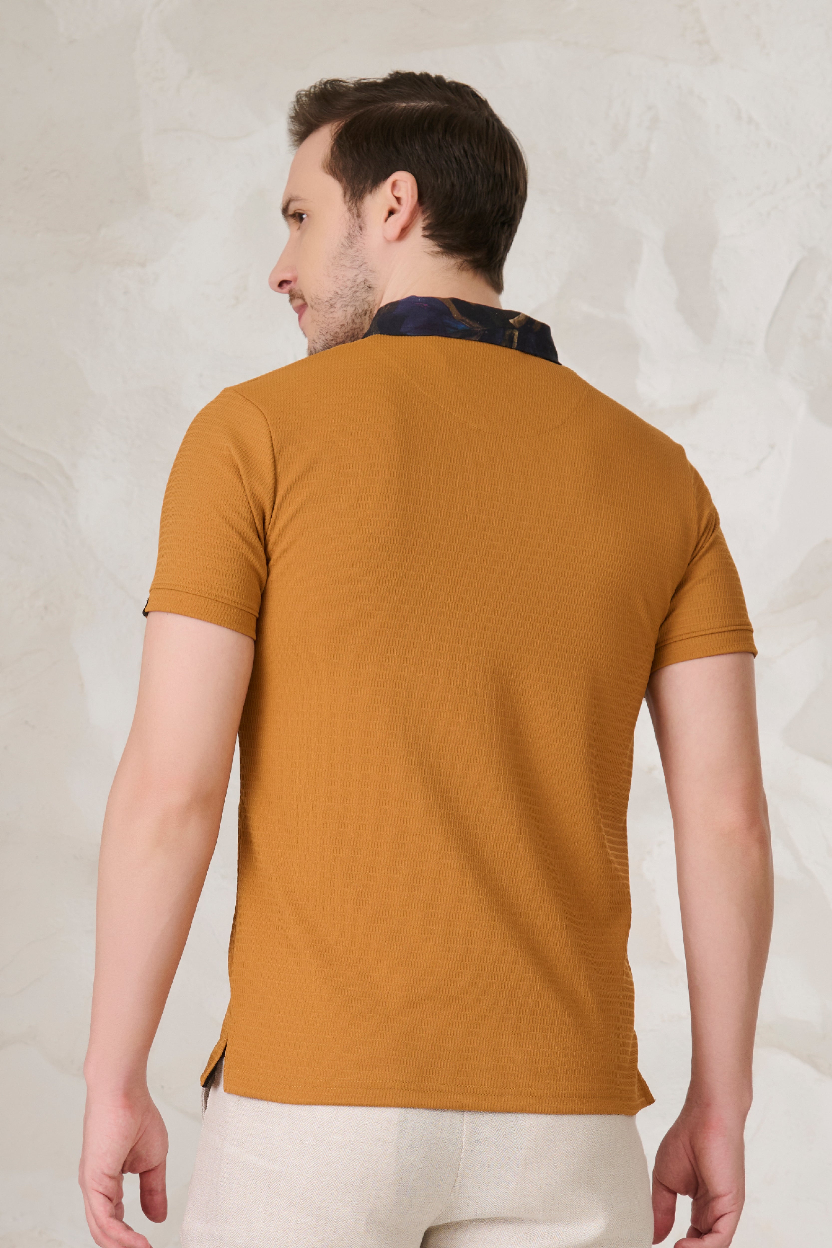 Buy Printed Collar Textured Polo - Mustard Online Shopping view 3