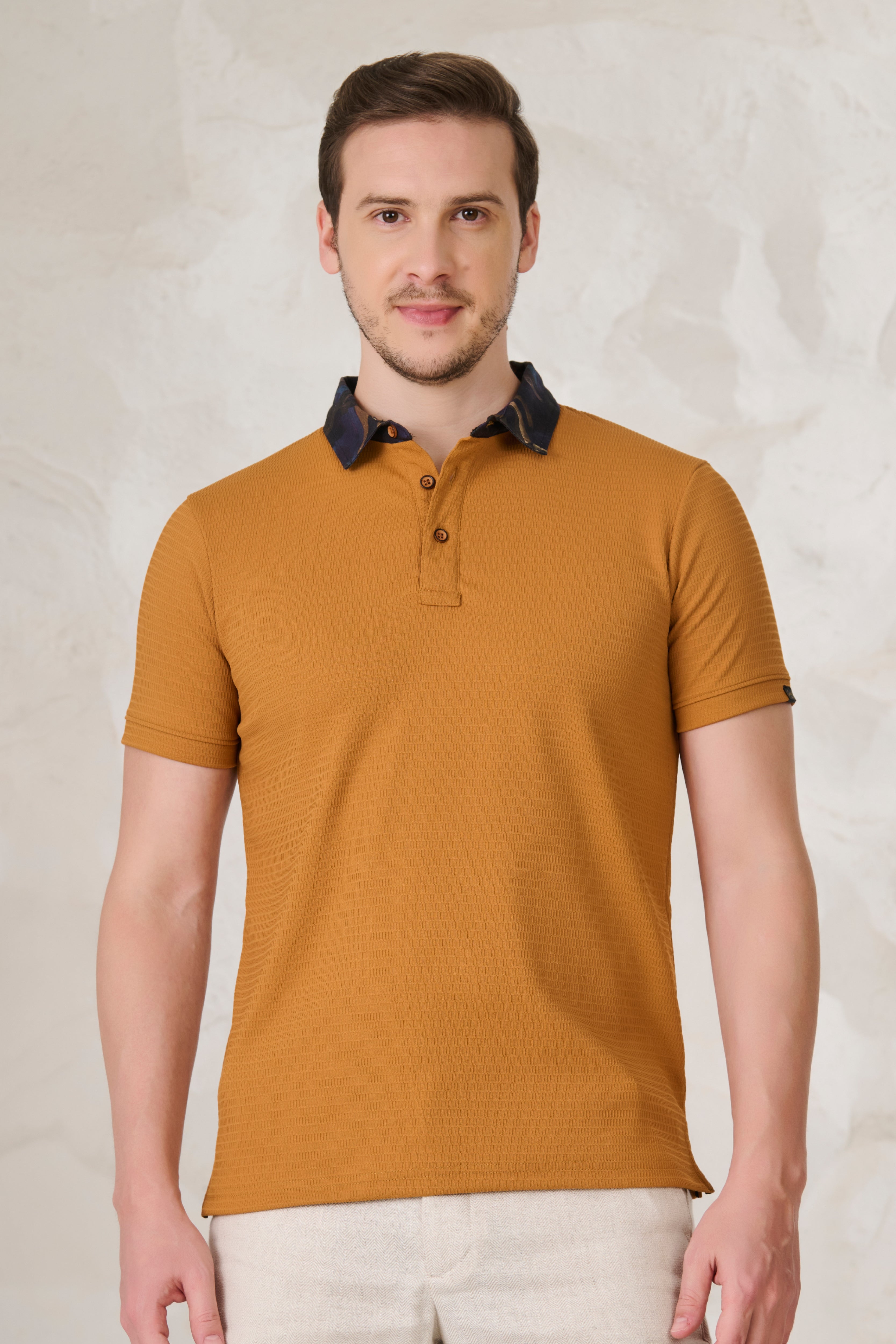 Buy Printed Collar Textured Polo - Mustard Online Shopping view 1