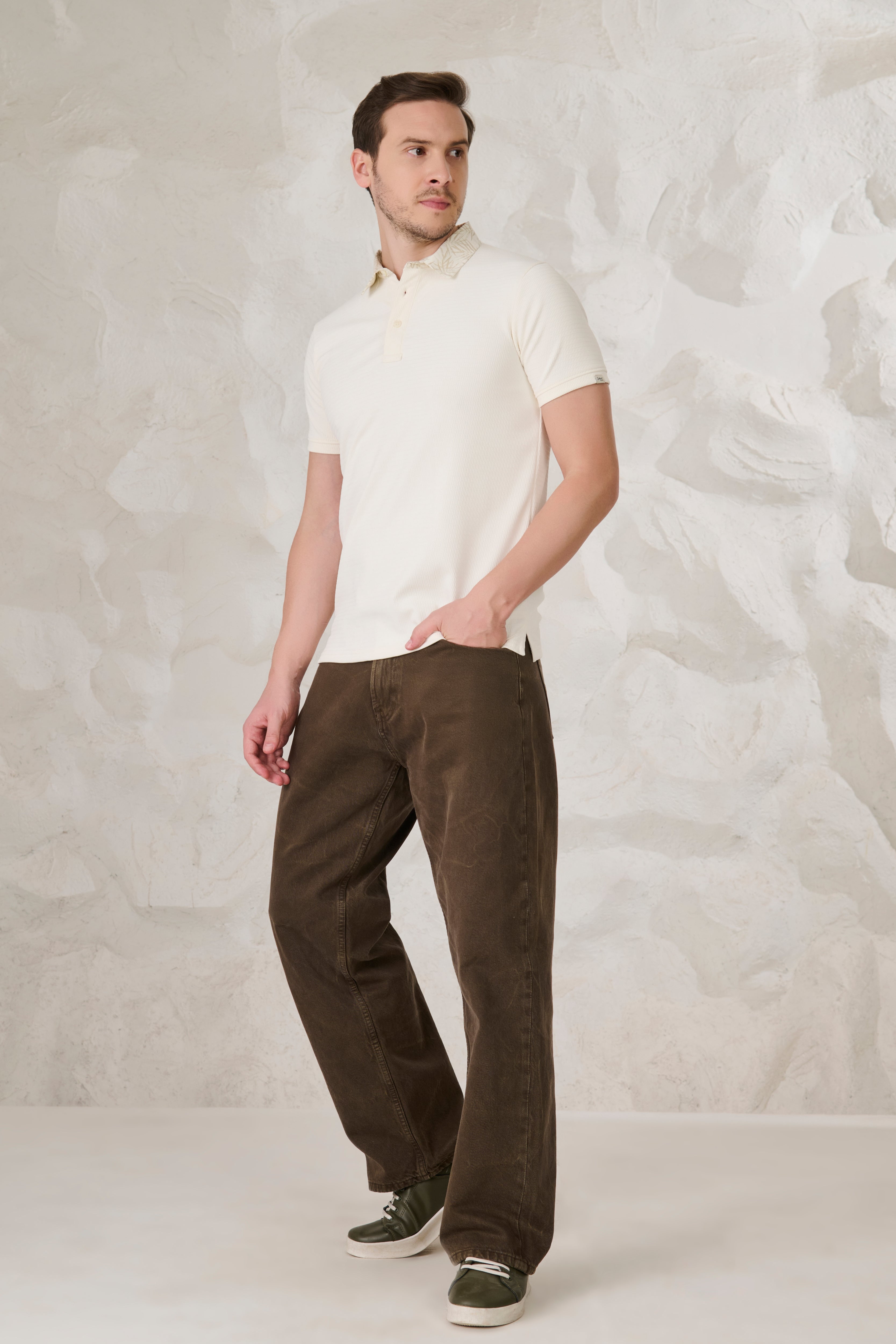 Buy Printed Collar Textured Polo - Off White Online Shopping view 5