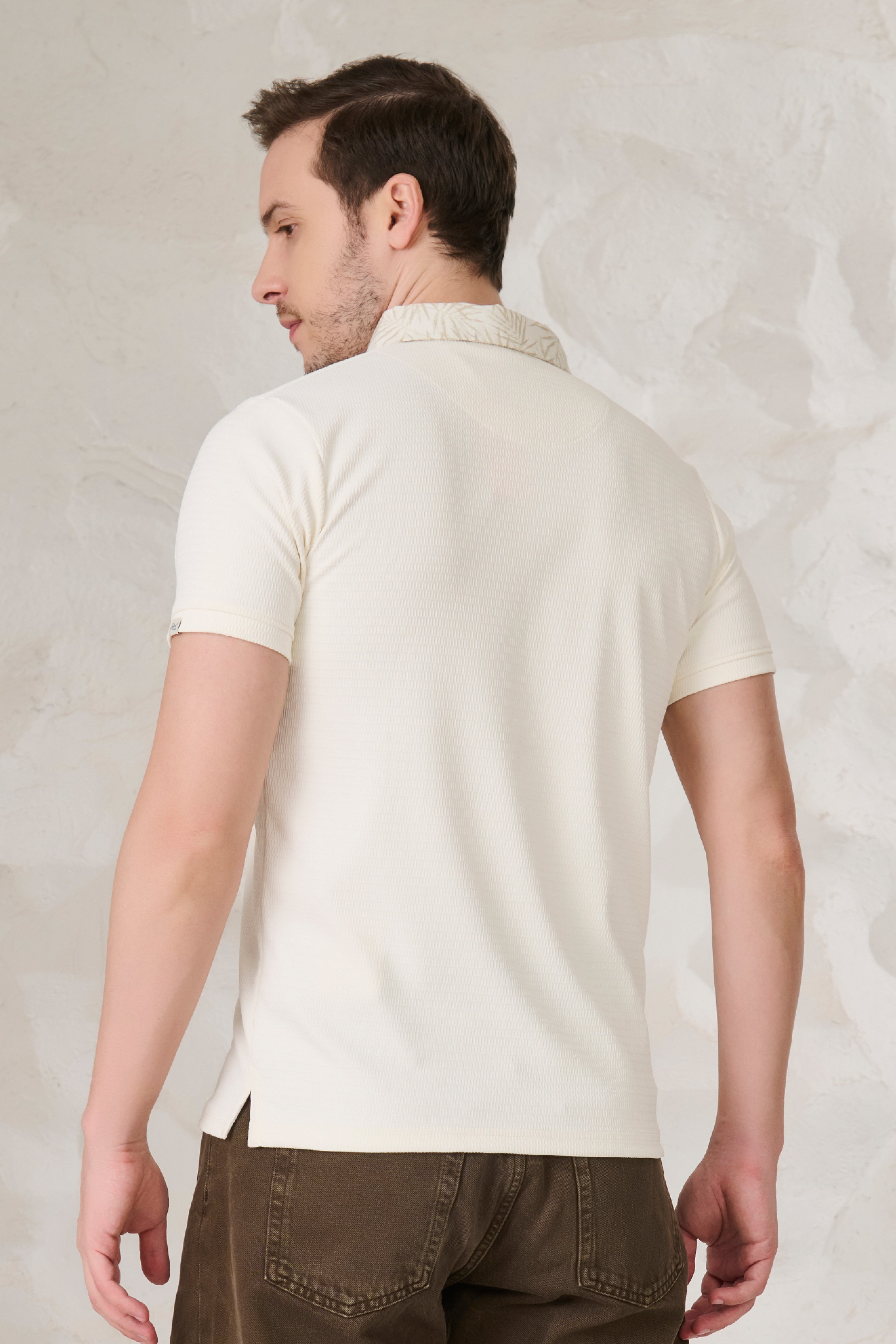 Buy Printed Collar Textured Polo - Off White Online Shopping view 3