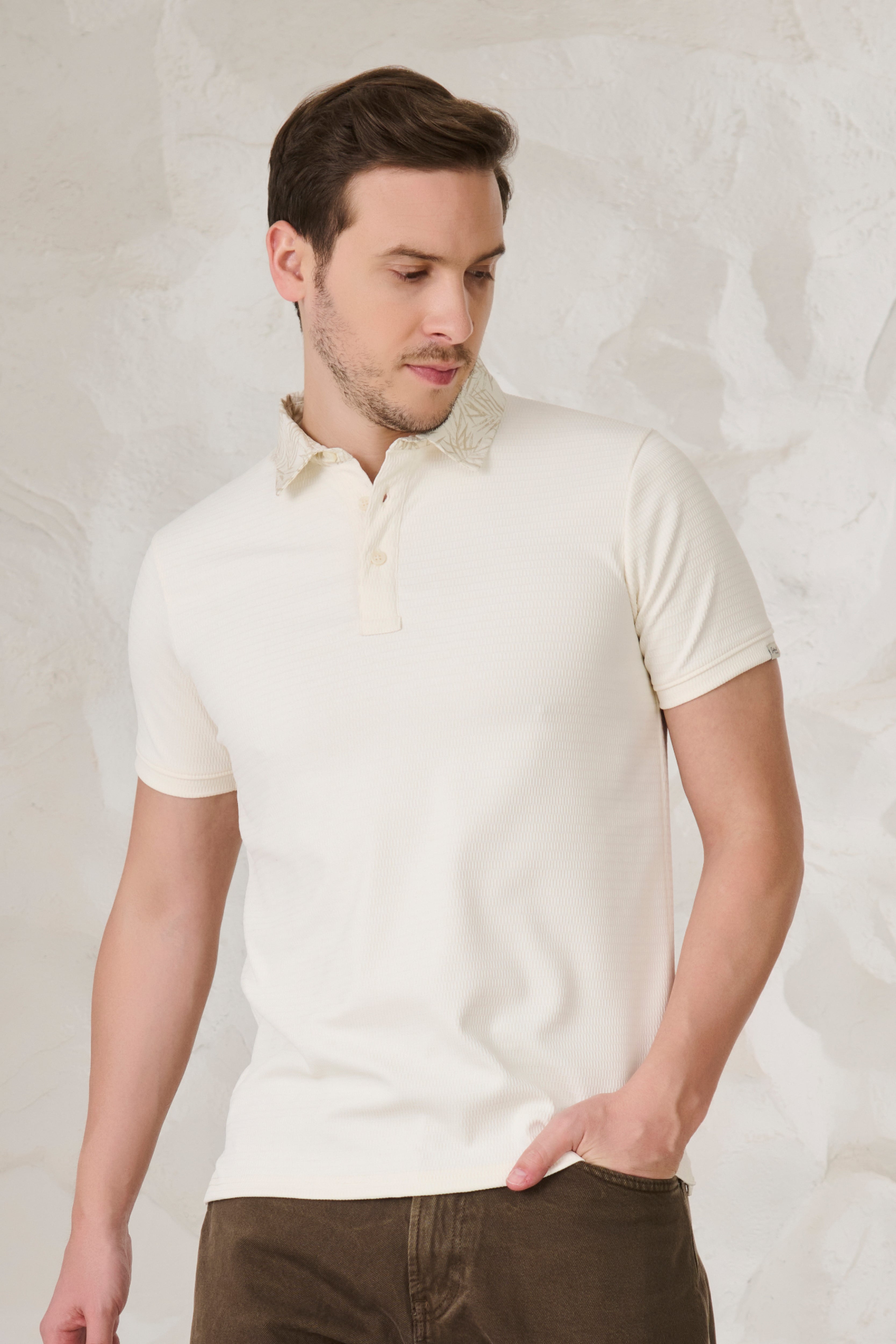Buy Printed Collar Textured Polo - Off White Online Shopping view 1