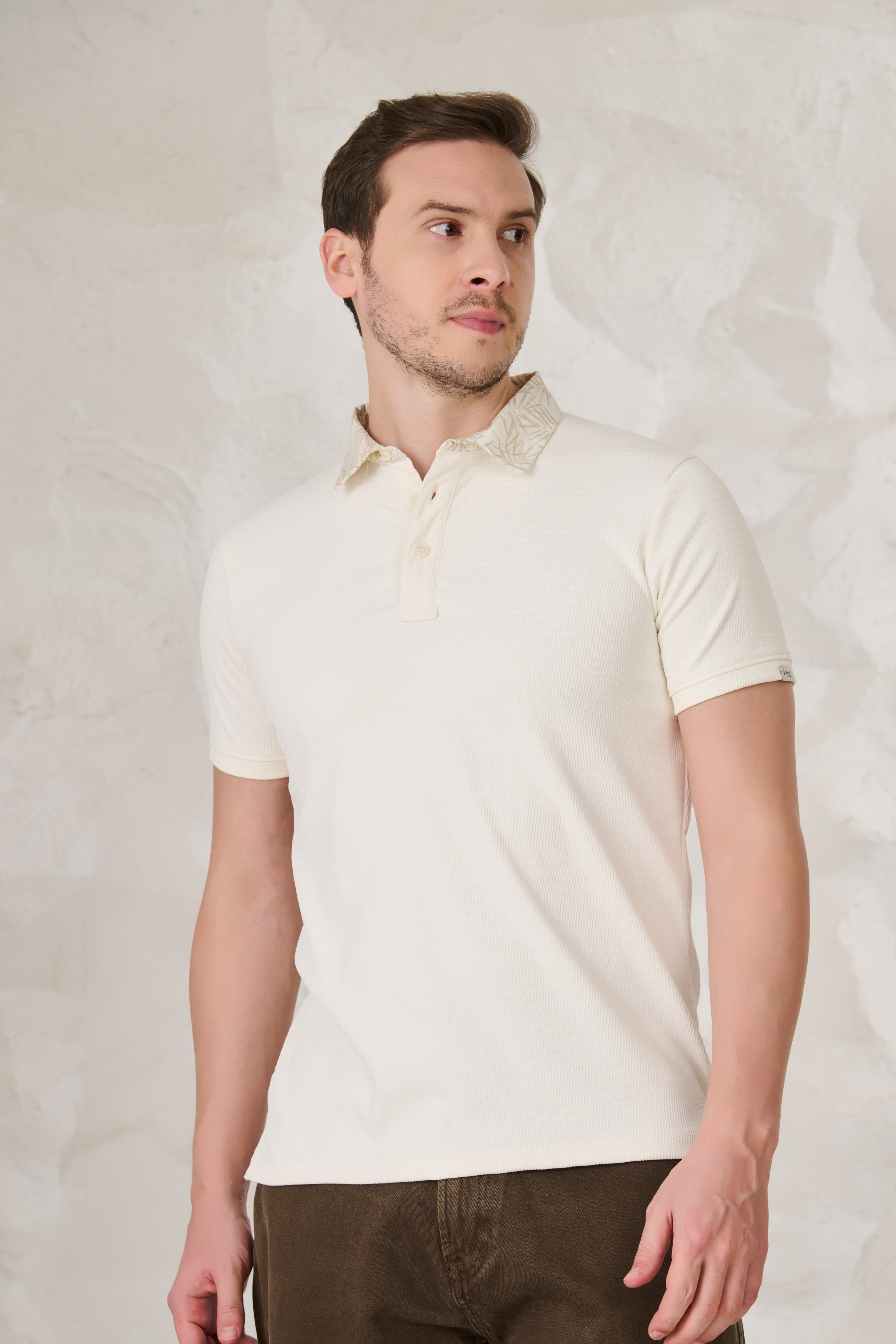 Buy Printed Collar Textured Polo - Off White Online Shopping view 2