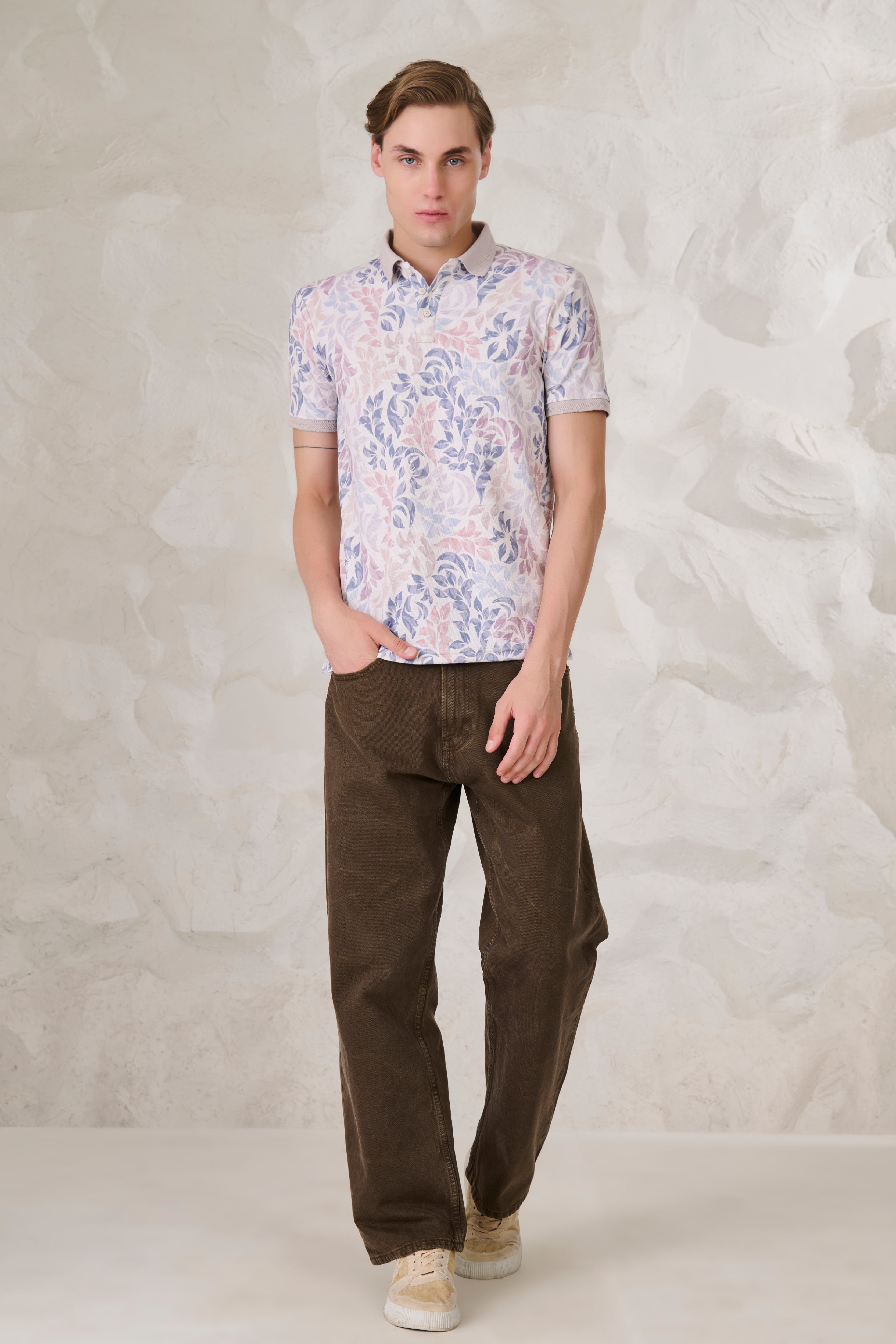Buy Painted Leaves Polo - Fawn Online Shopping view 5