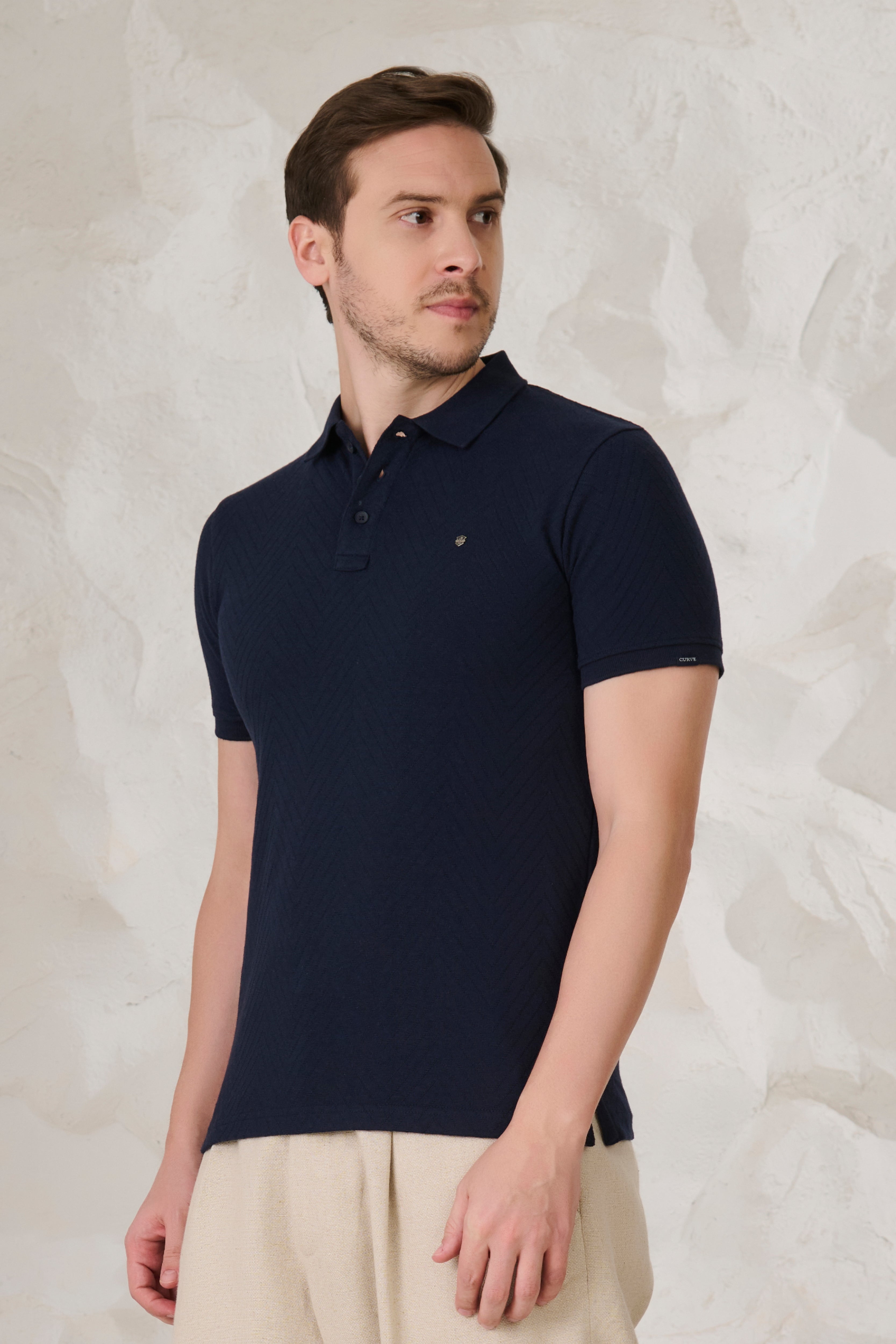 Buy Long Waves Textured Polo - Navy Online Shopping view 2