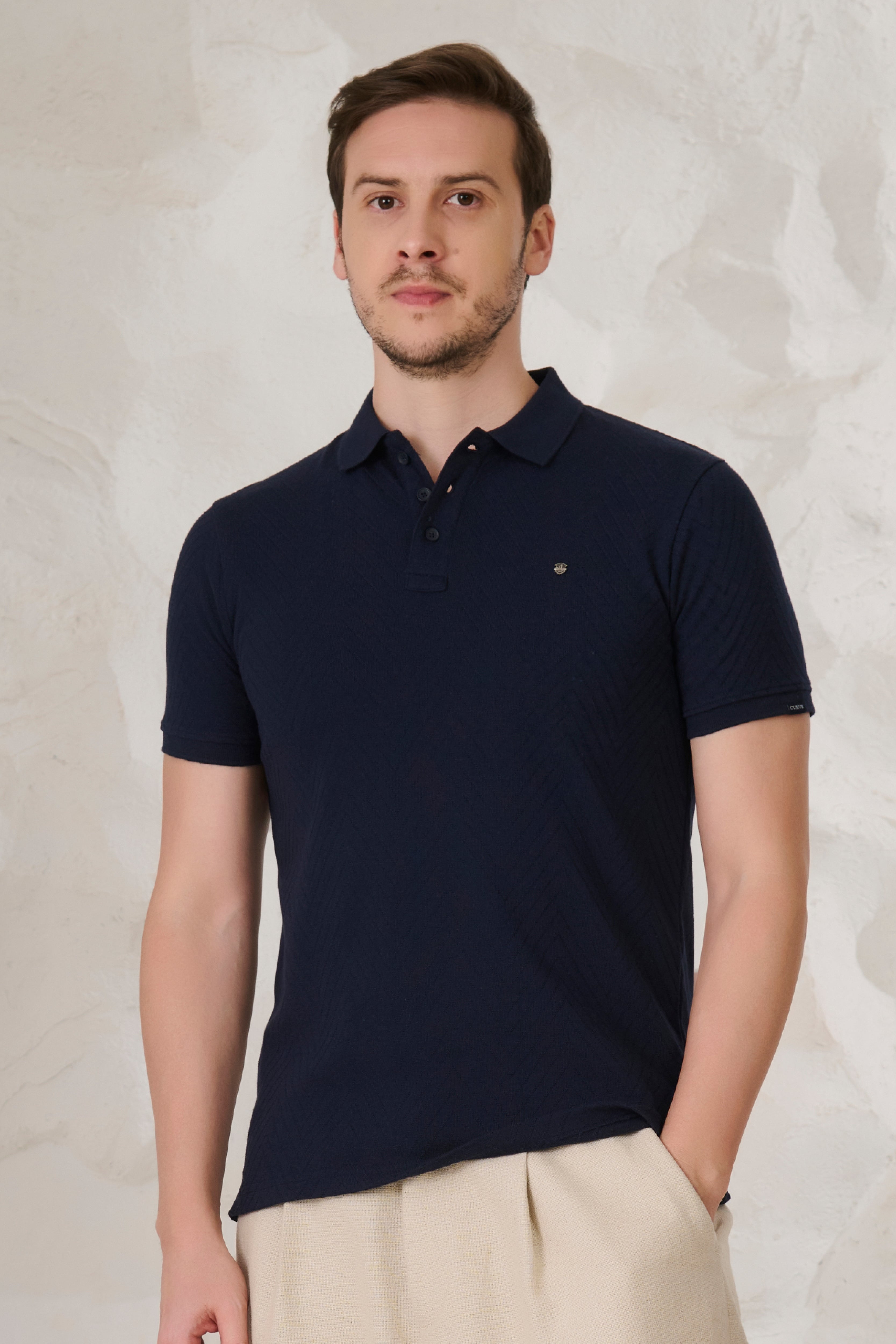 Buy Long Waves Textured Polo - Navy Online Shopping view 1
