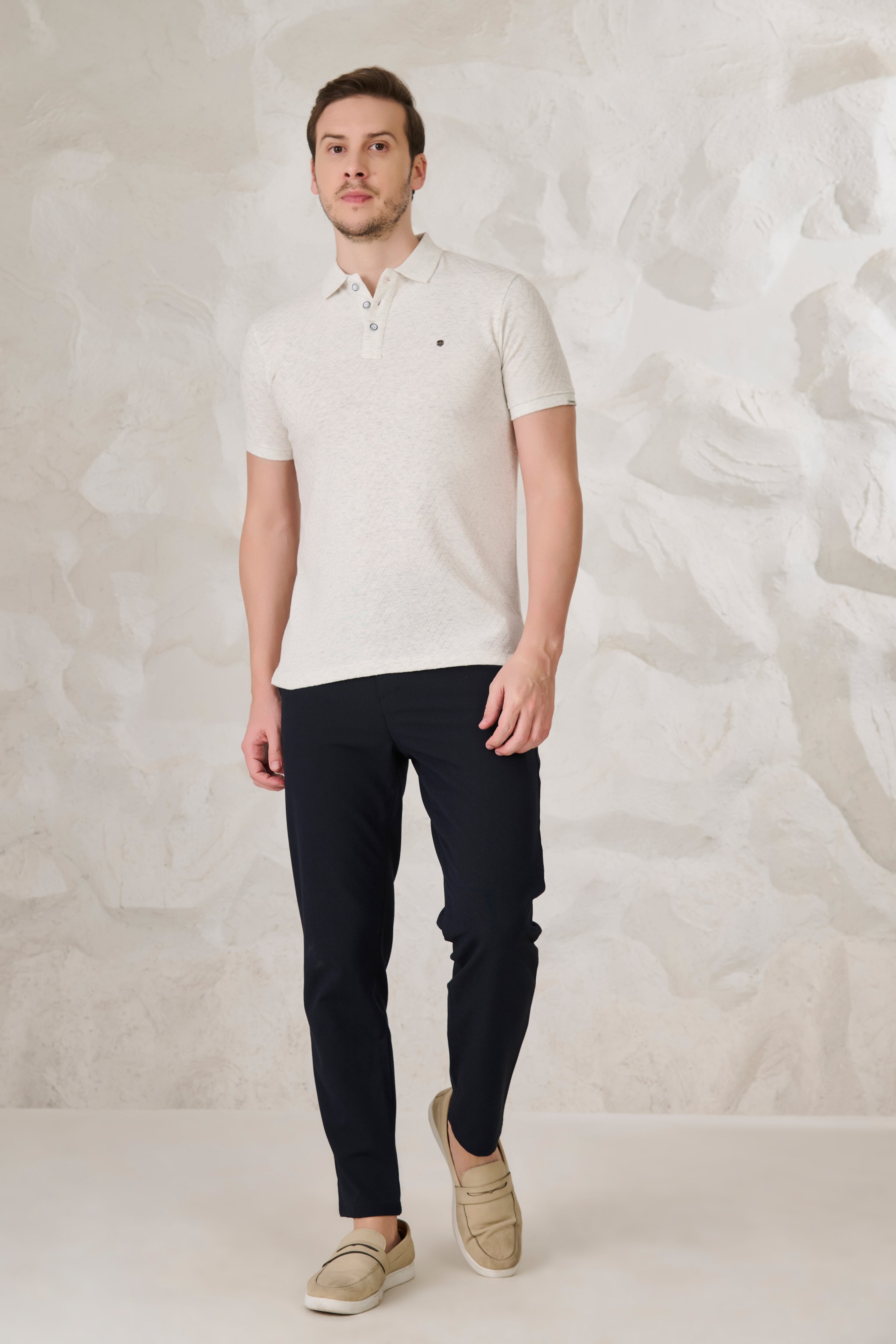 Buy Long Waves Textured Polo - Snow Milange Online Shopping view 5
