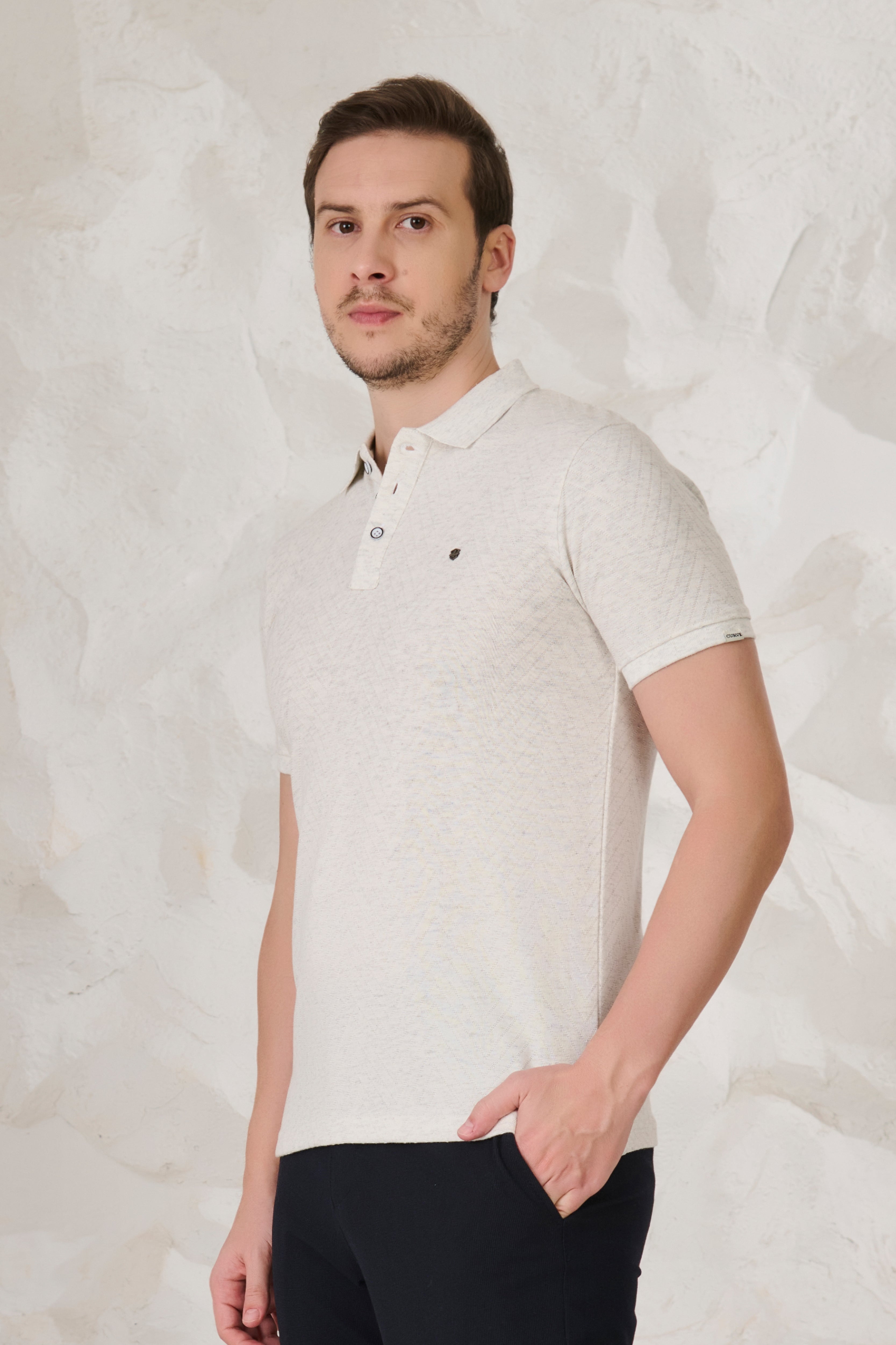 Buy Long Waves Textured Polo - Snow Milange Online Shopping view 2