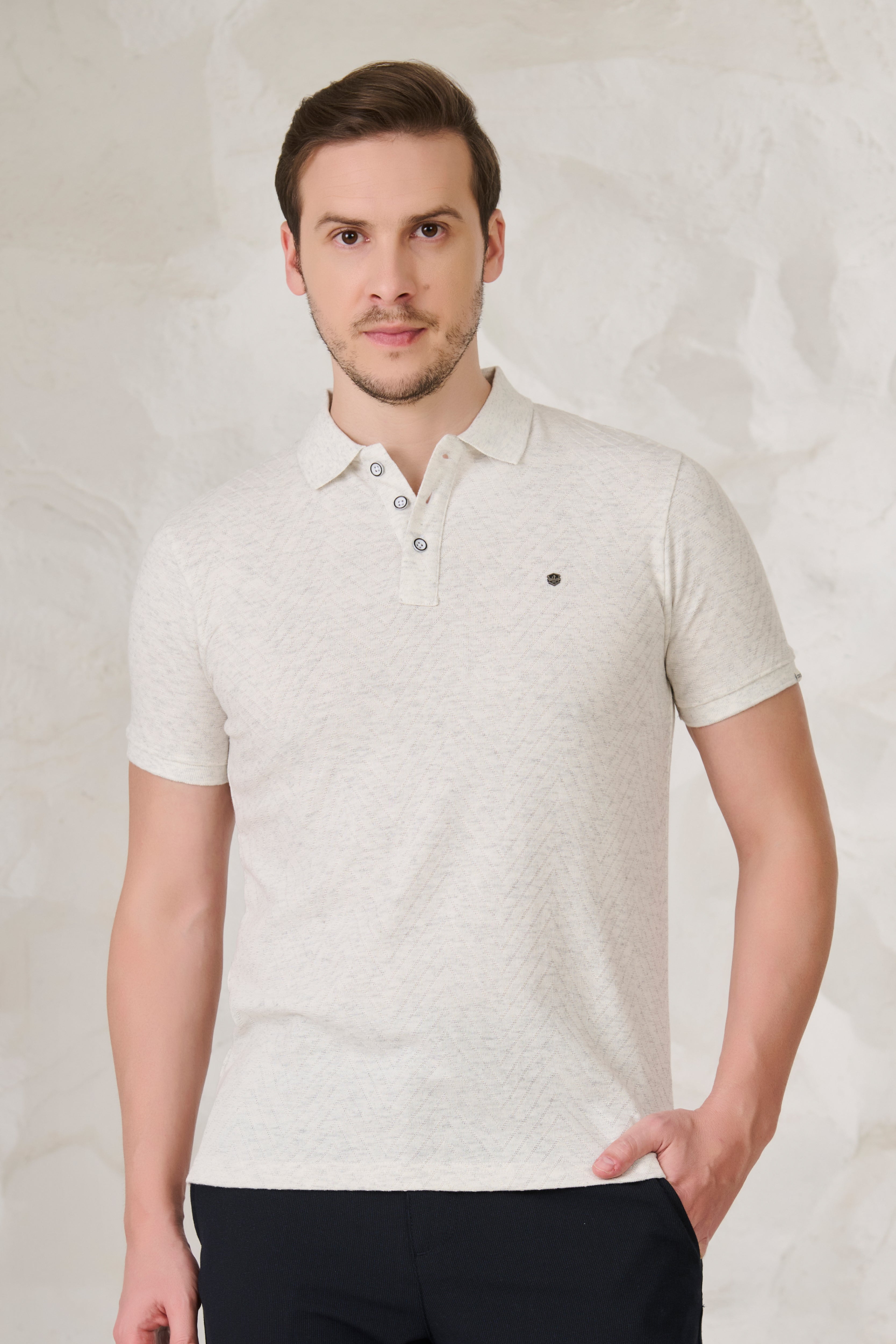 Buy Long Waves Textured Polo - Snow Milange Online Shopping view 1