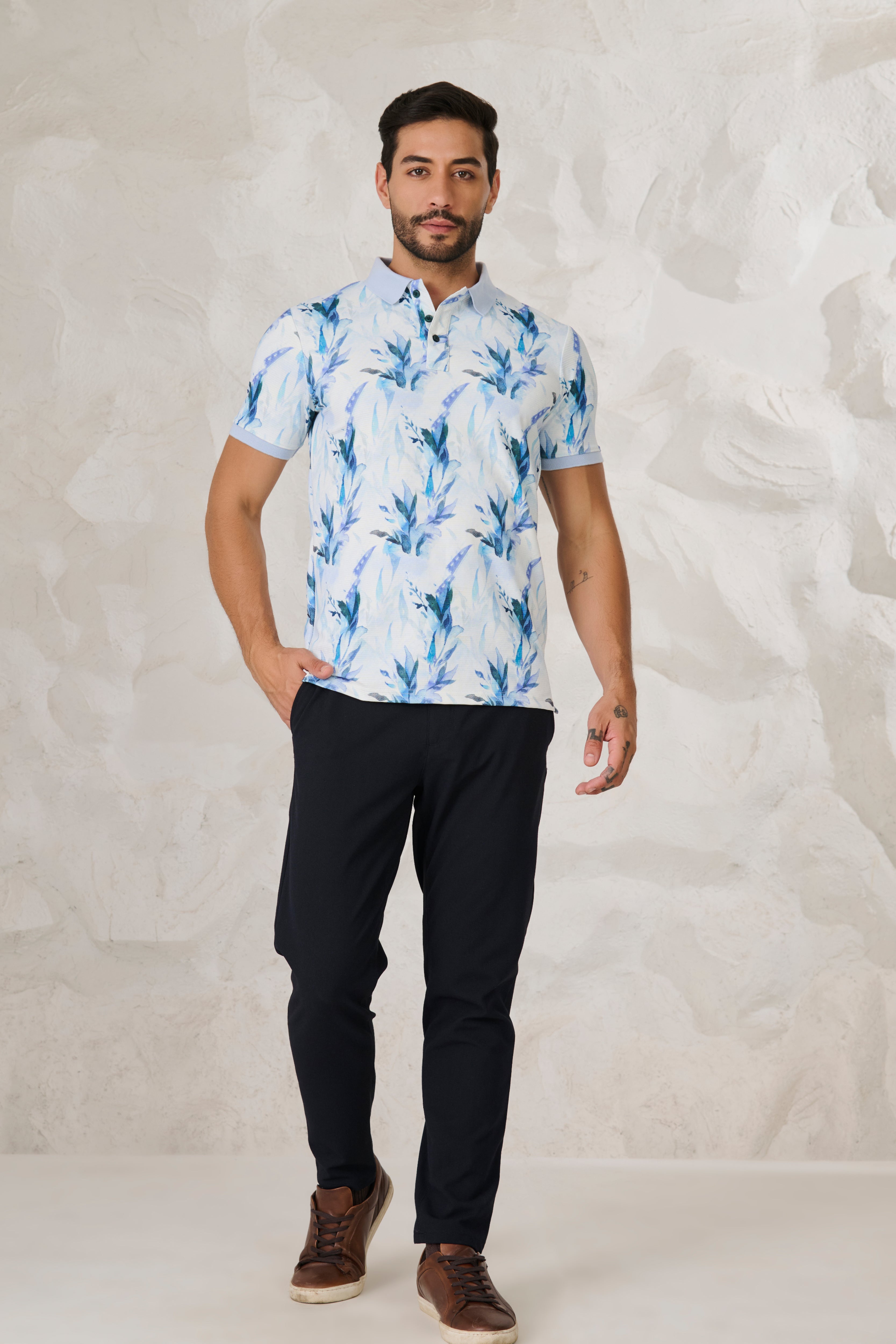 Buy Painted Floral Polo - Blue Online Shopping view 5