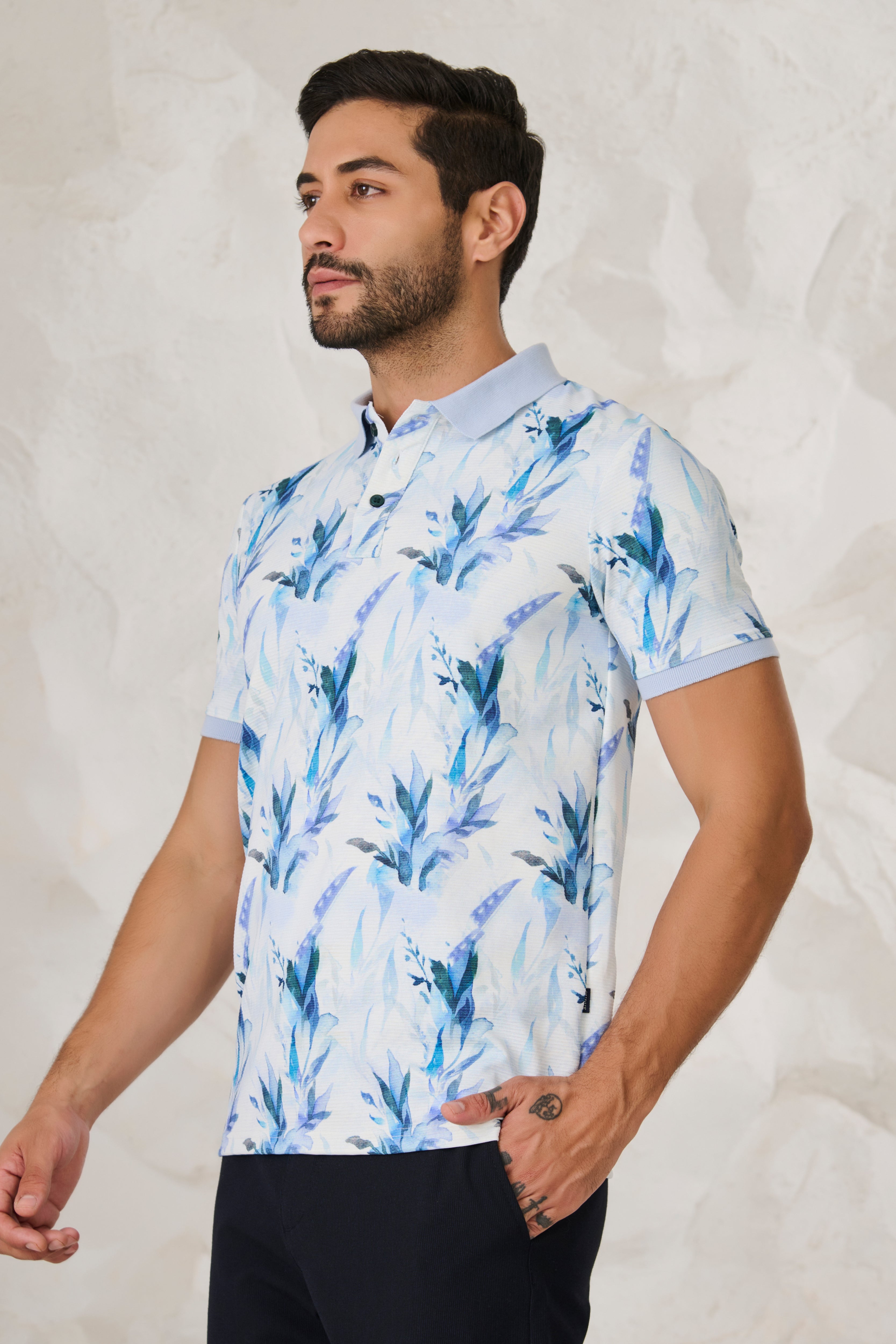 Buy Painted Floral Polo - Blue Online Shopping view 2