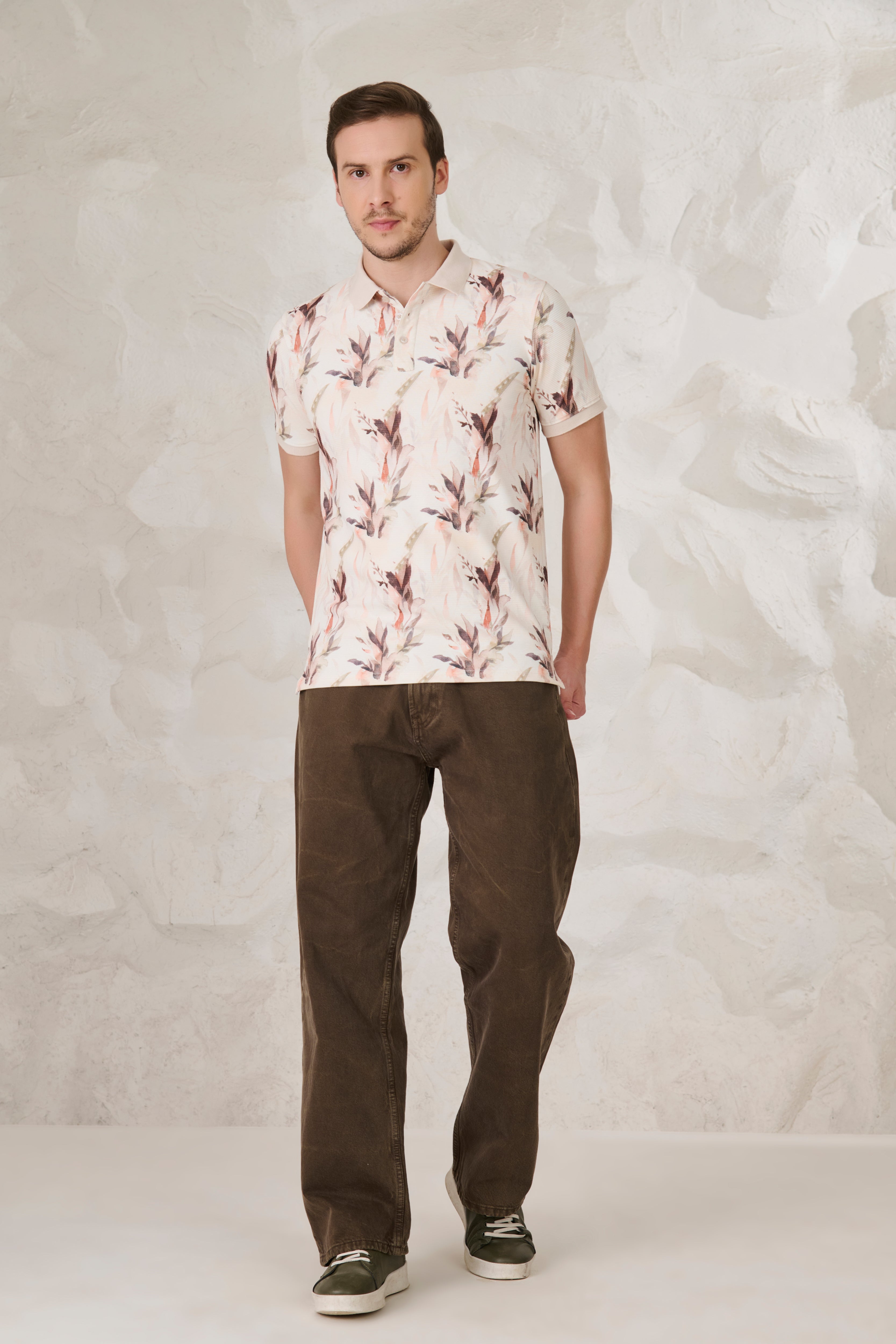 Buy Painted Floral Polo - Peach Online Shopping view 5