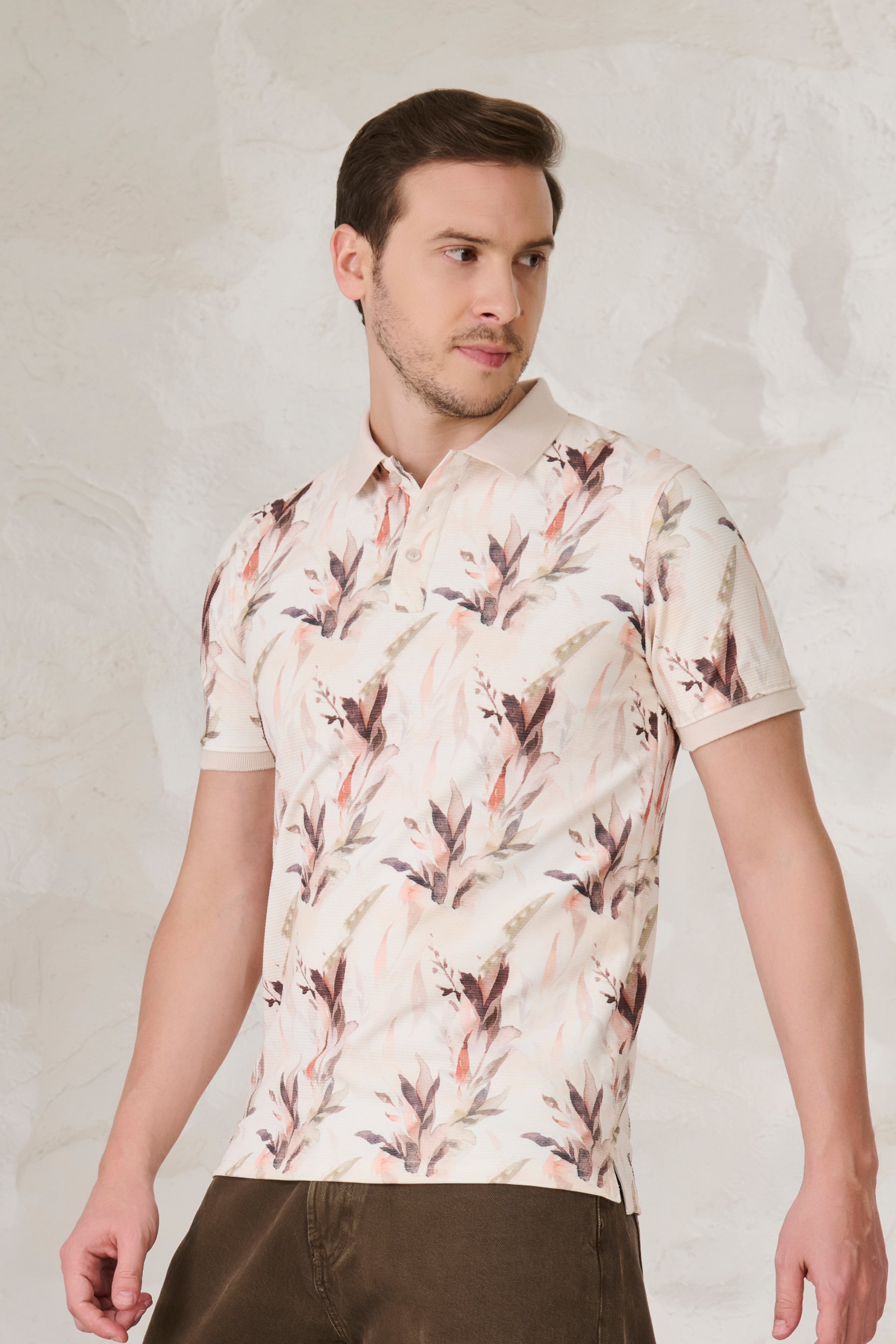 Buy Painted Floral Polo - Peach Online Shopping view 2