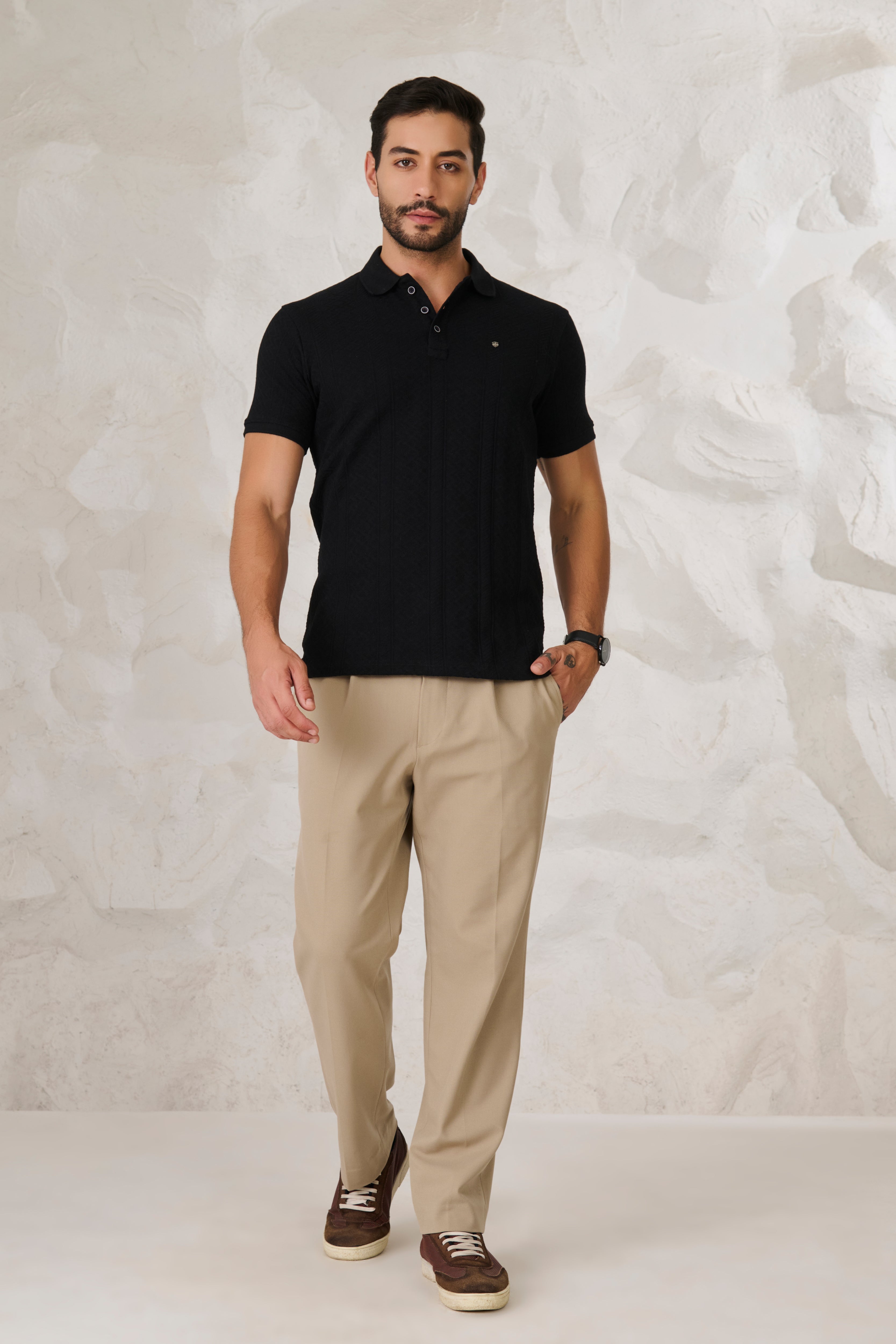 Buy Subtle Stripes Textured Polo - Black Online Shopping view 5