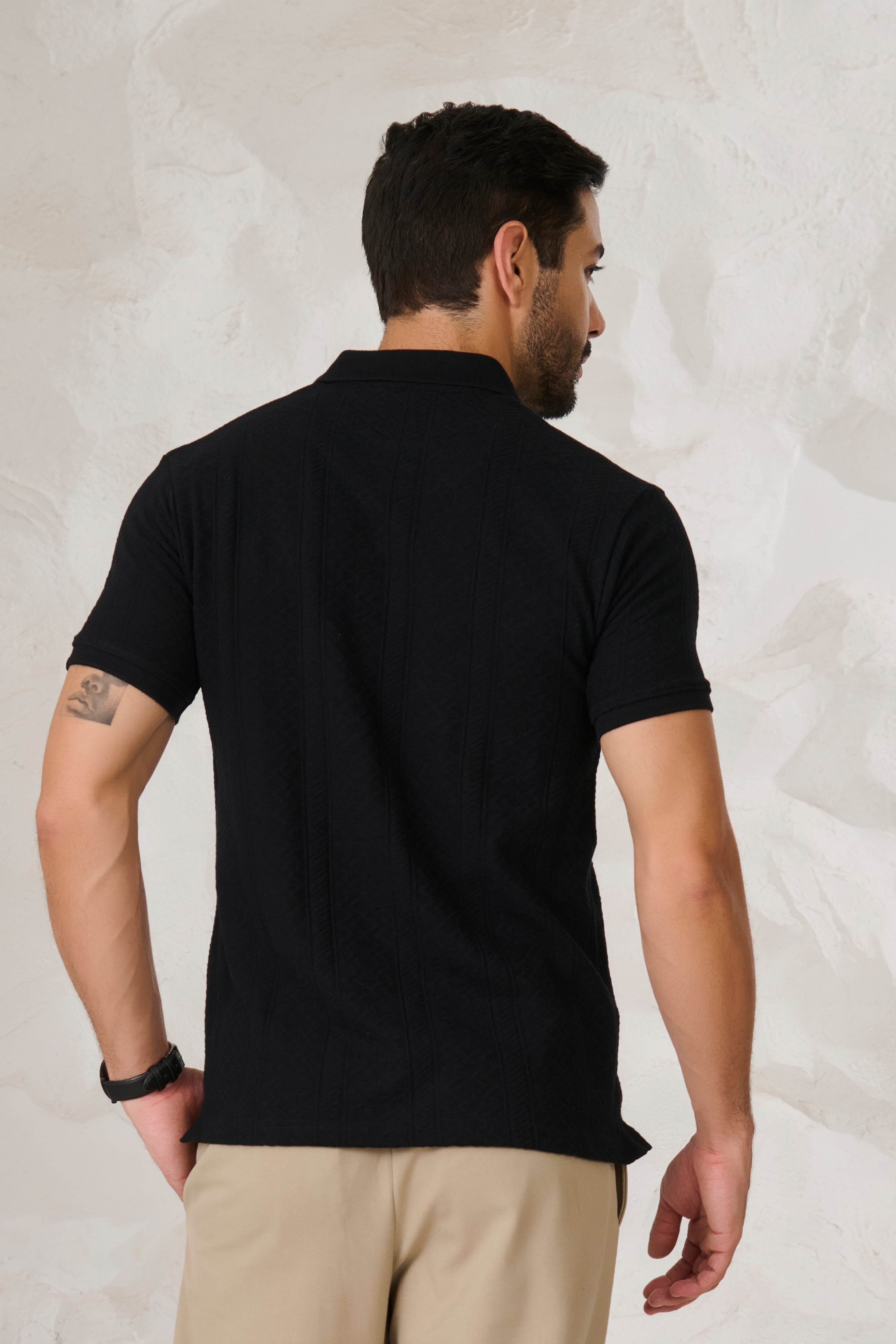 Buy Subtle Stripes Textured Polo - Black Online Shopping view 3