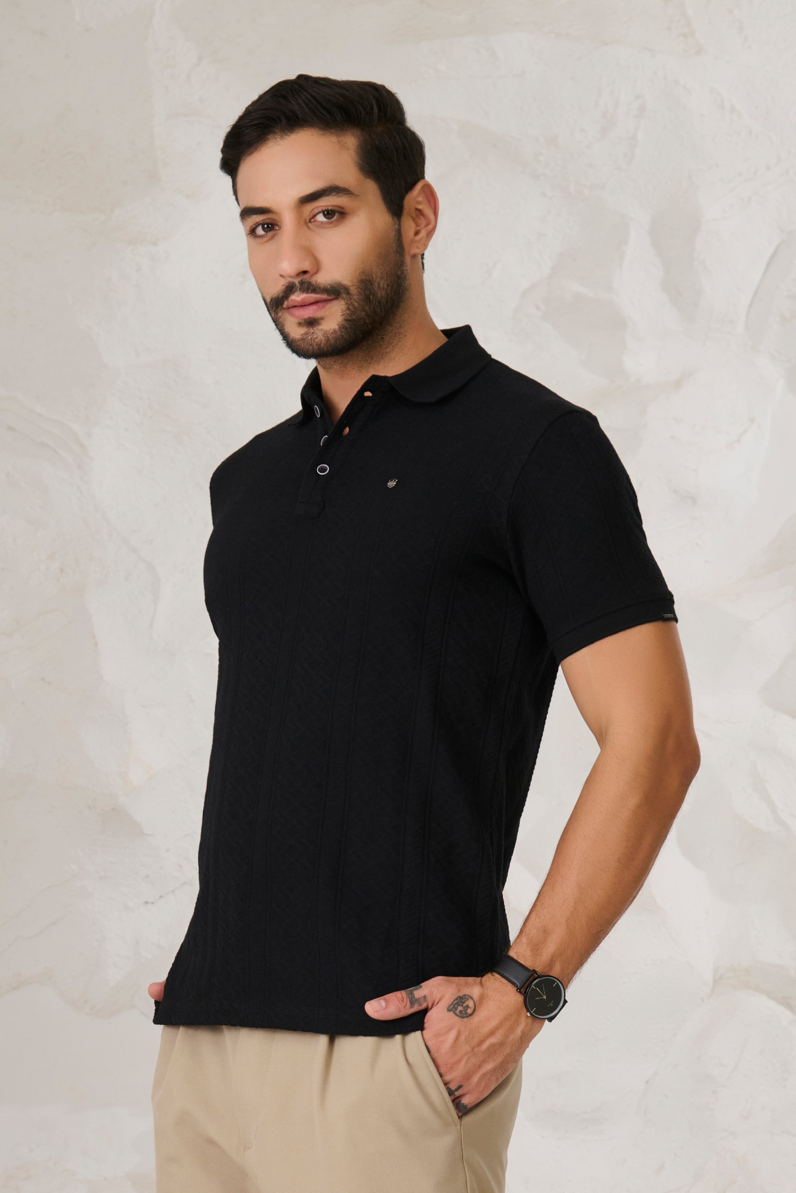 Buy Subtle Stripes Textured Polo - Black Online Shopping view 2
