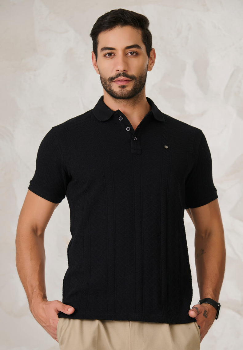 Subtle Stripes Textured Polo - Black