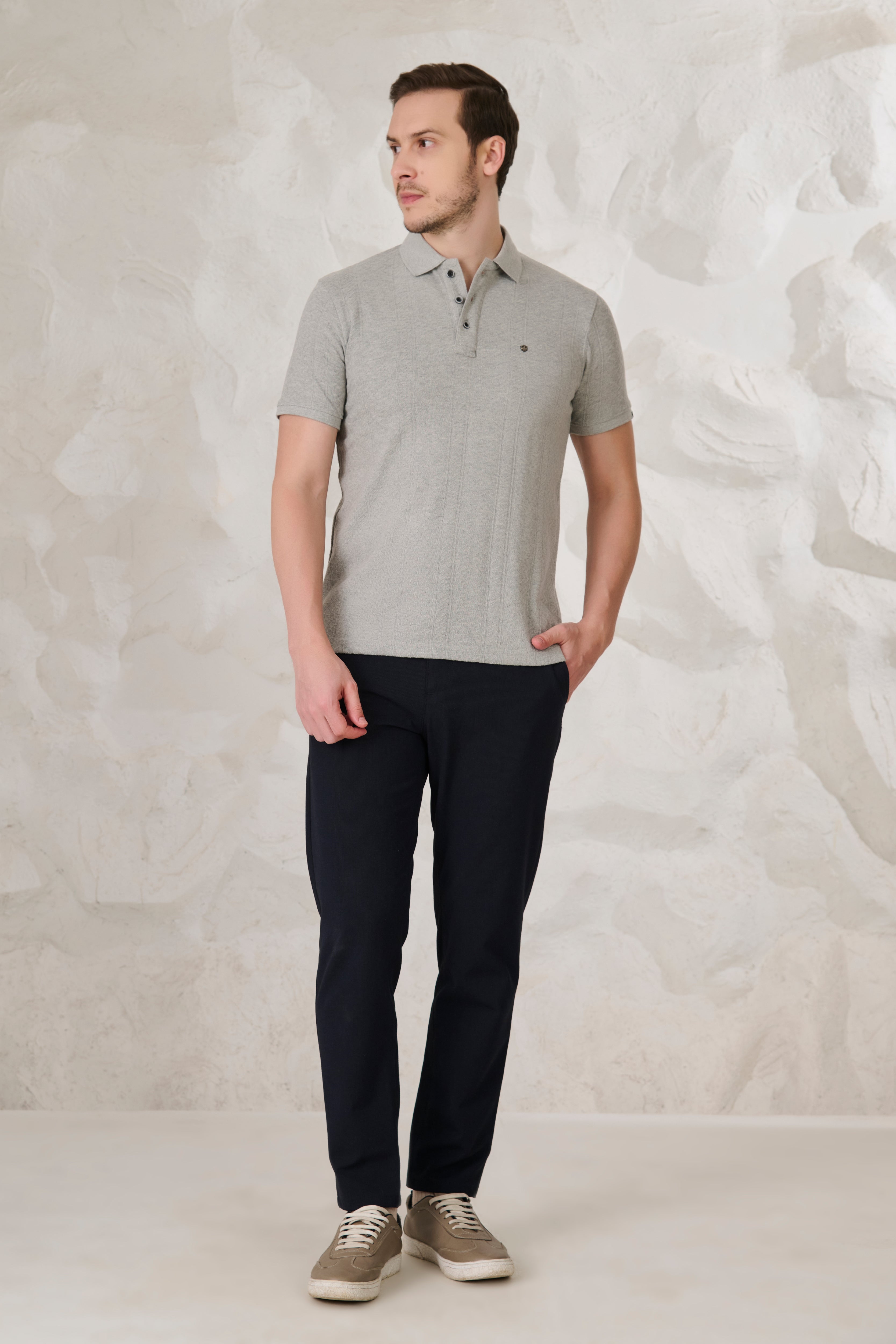 Buy Subtle Stripes Textured Polo - Grey Milange Online Shopping view 5