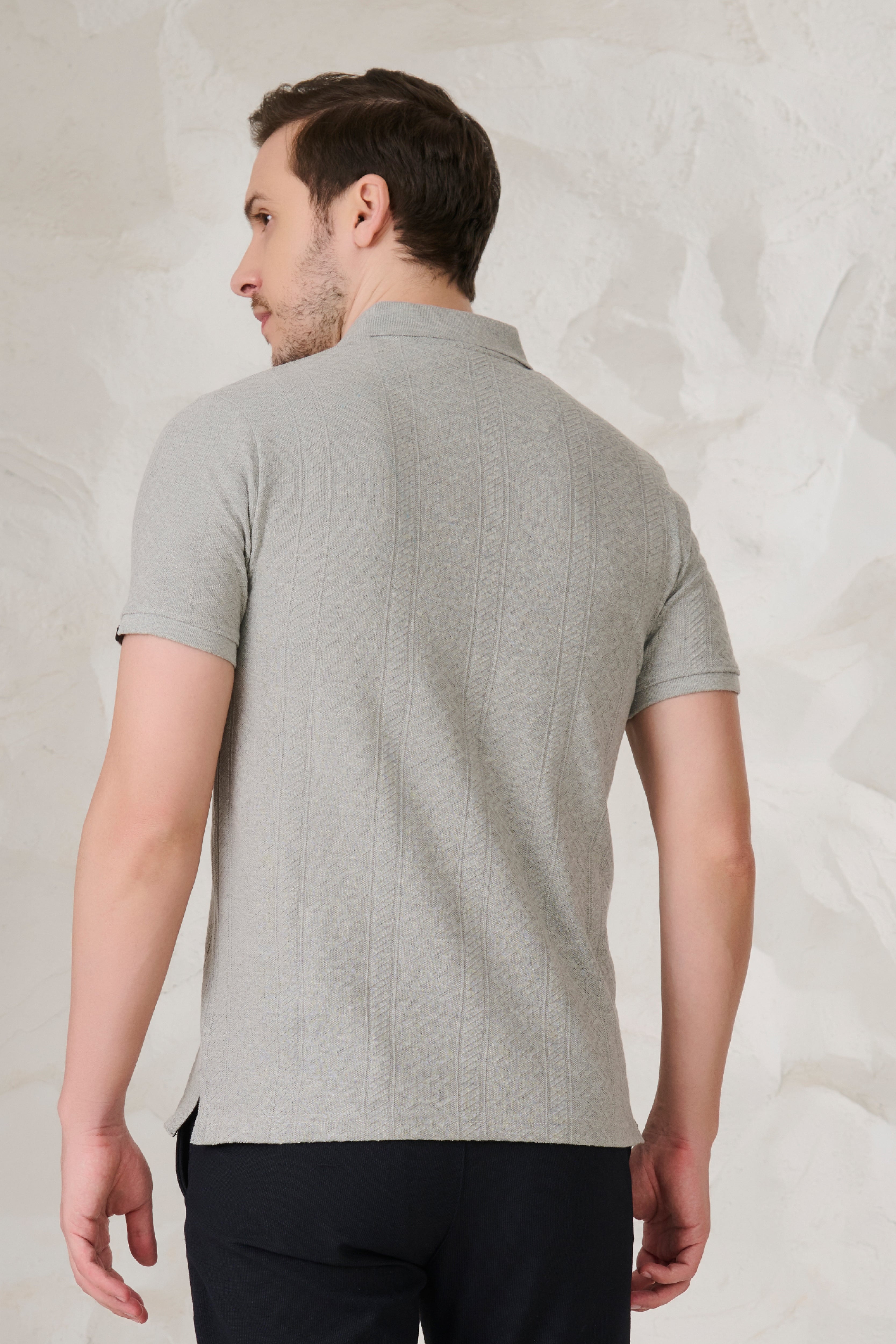 Buy Subtle Stripes Textured Polo - Grey Milange Online Shopping view 3