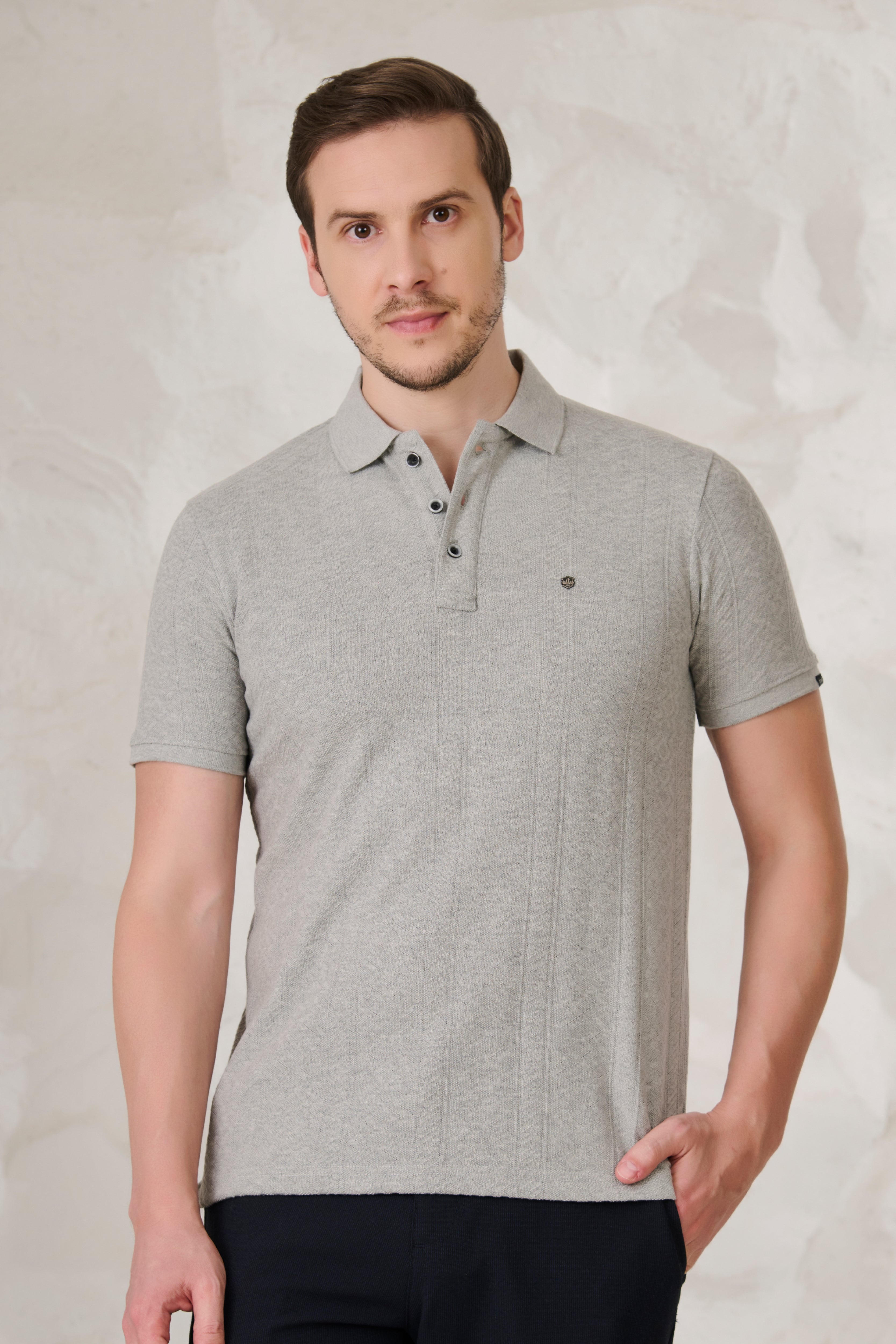 Buy Subtle Stripes Textured Polo - Grey Milange Online Shopping view 1