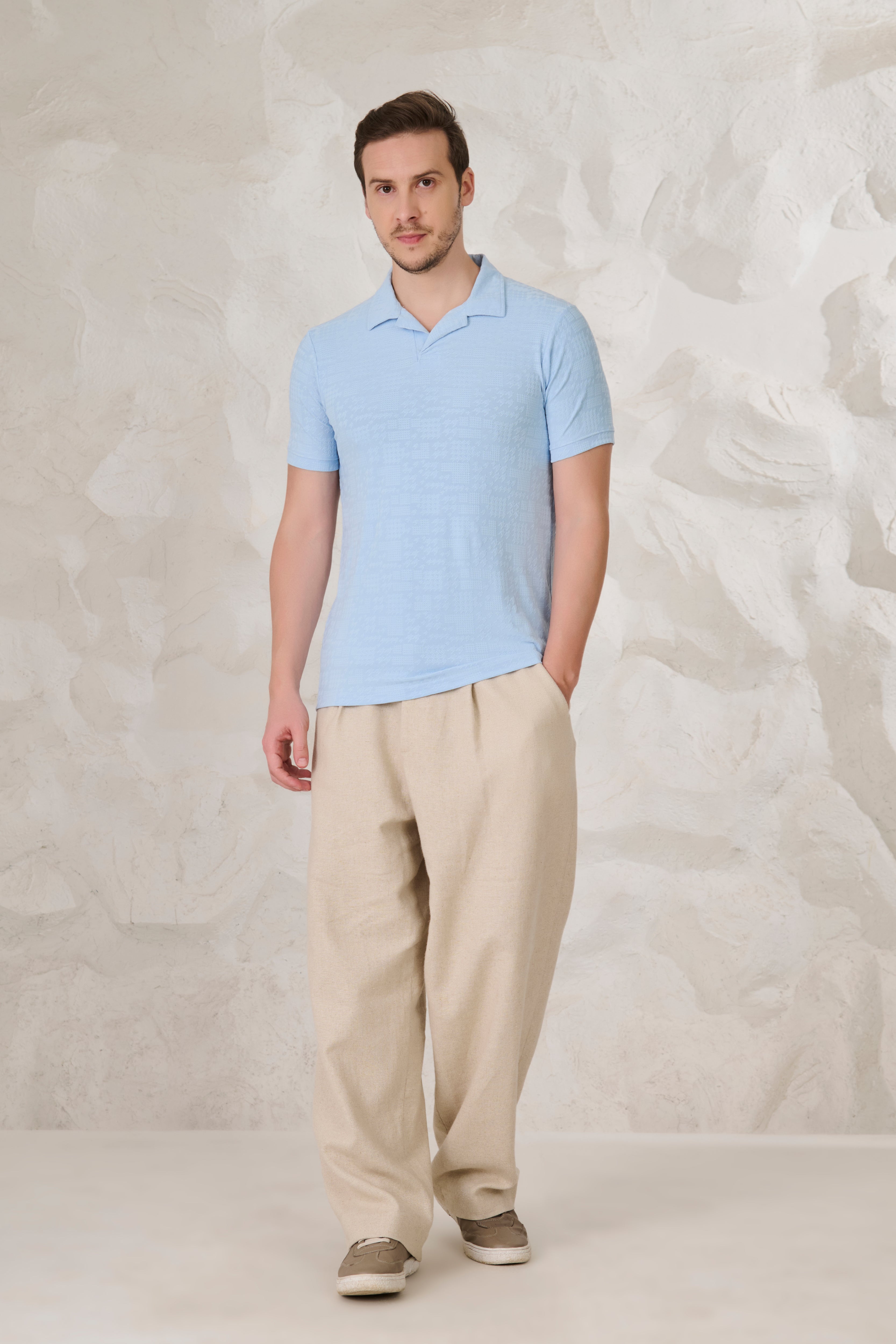 Buy Dogtooth Textured Cuban T-Shirt - Sky Online Shopping view 5