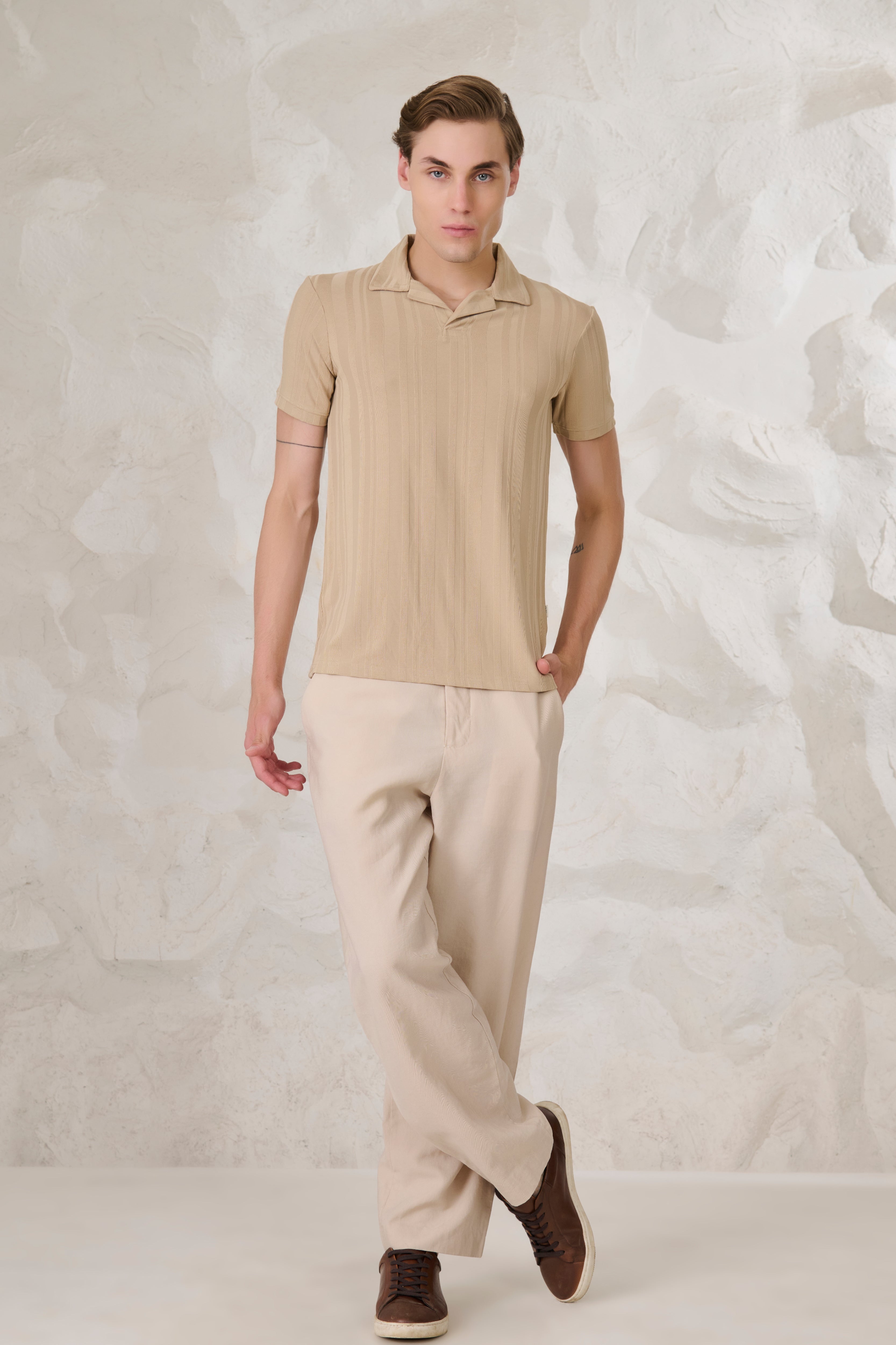 Buy Stripe Textured Cuban T-Shirt - Khakhi Online Shopping view 5