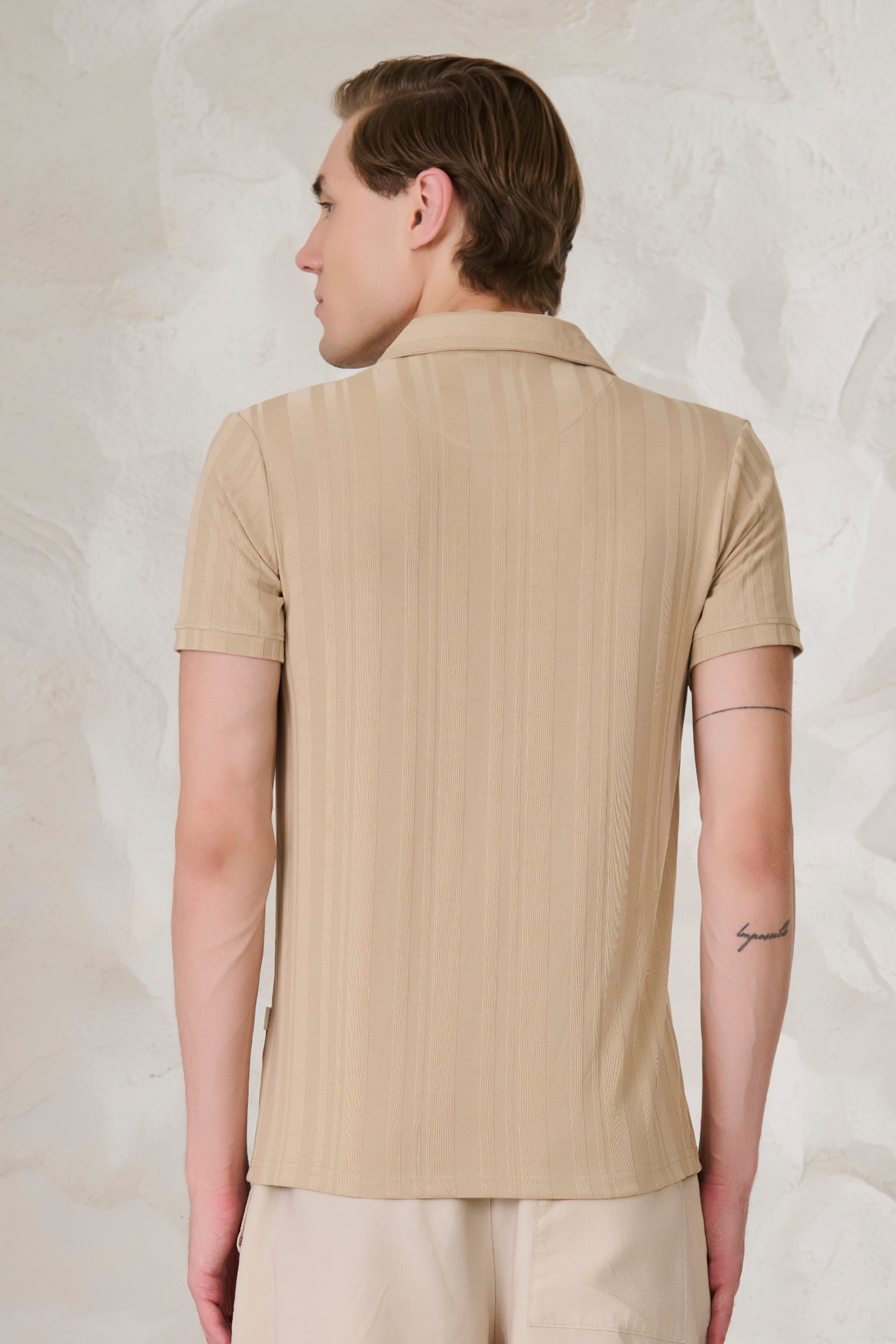 Buy Stripe Textured Cuban T-Shirt - Khakhi Online Shopping view 3