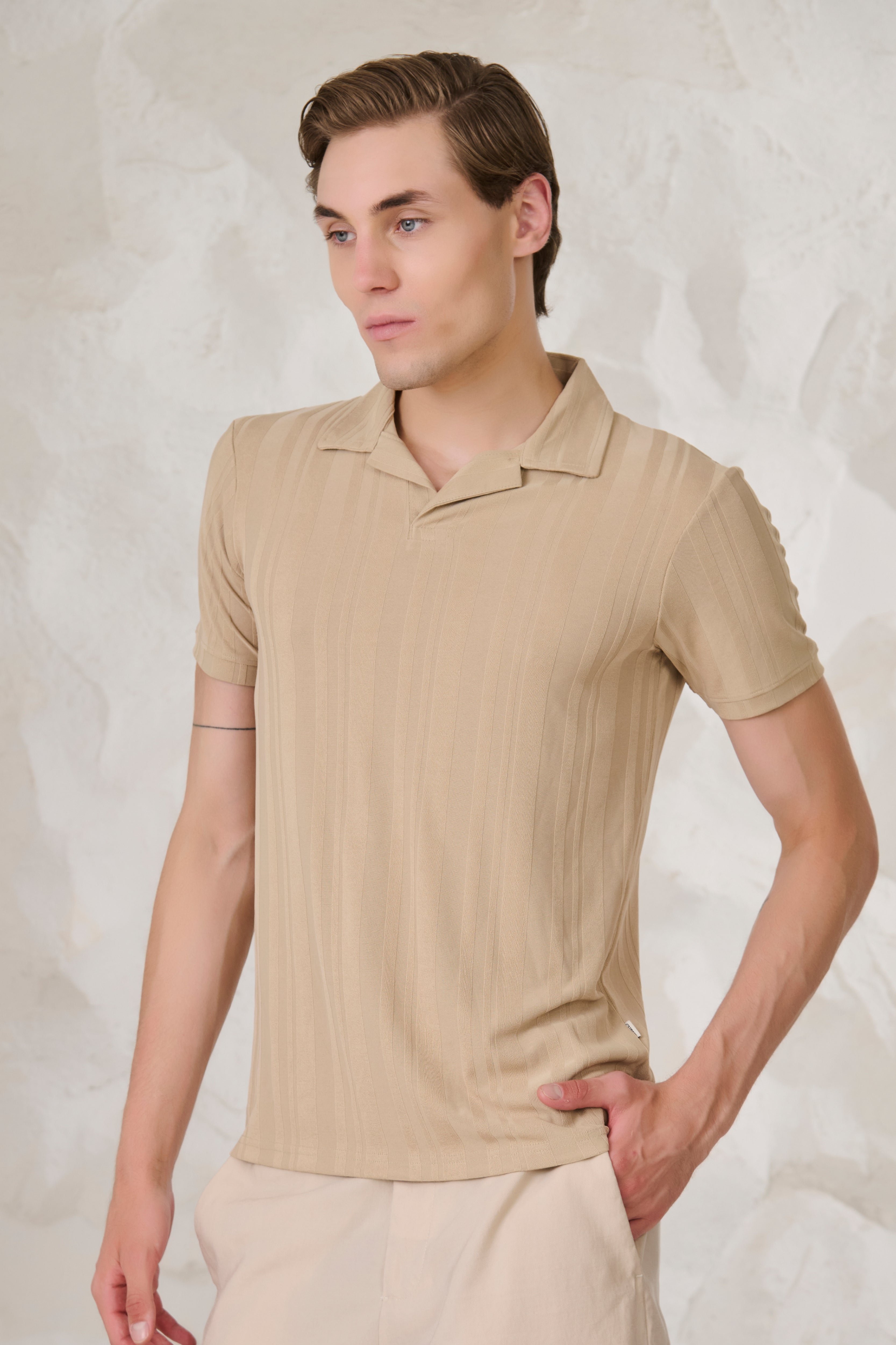 Buy Stripe Textured Cuban T-Shirt - Khakhi Online Shopping view 2