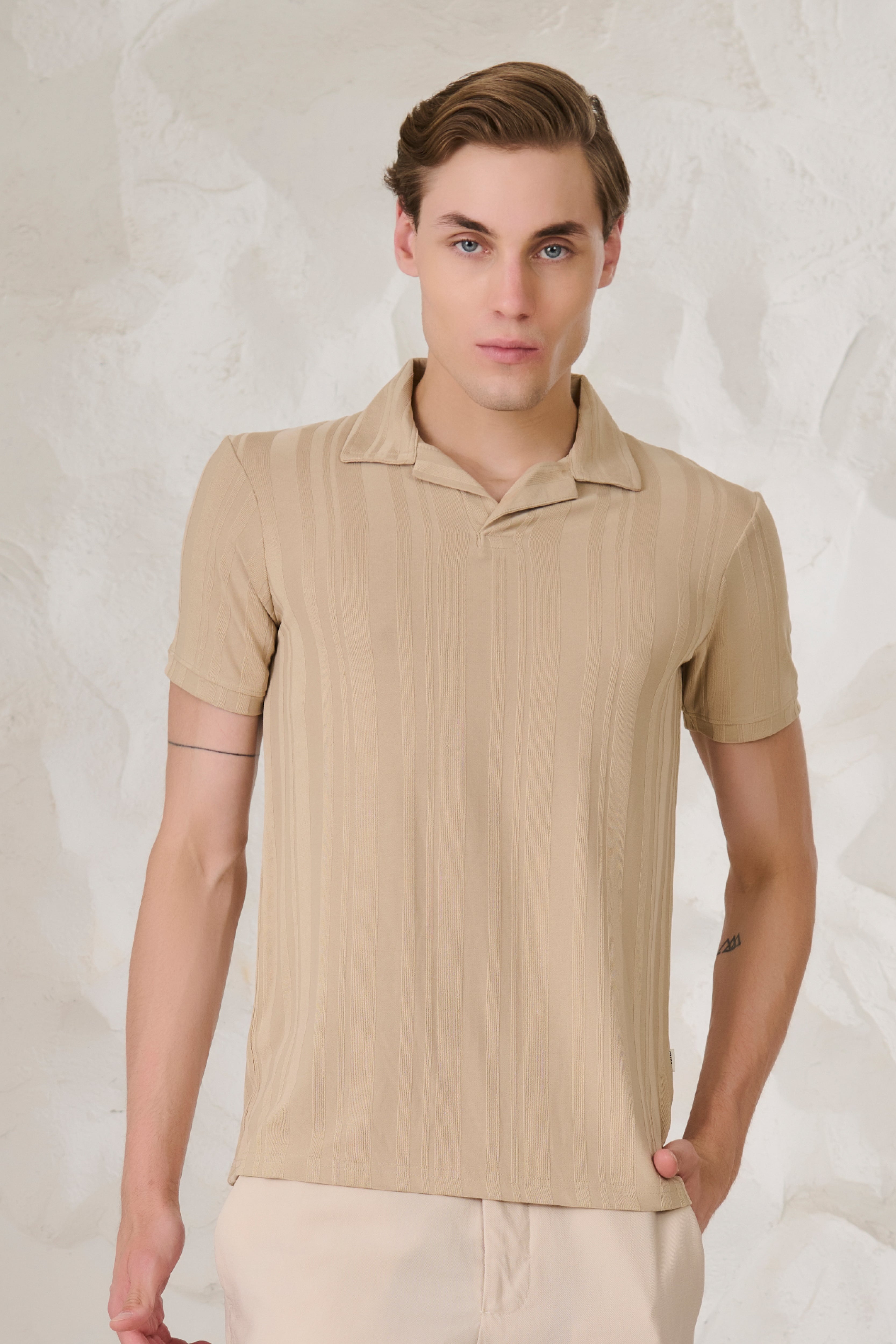 Buy Stripe Textured Cuban T-Shirt - Khakhi Online Shopping view 1